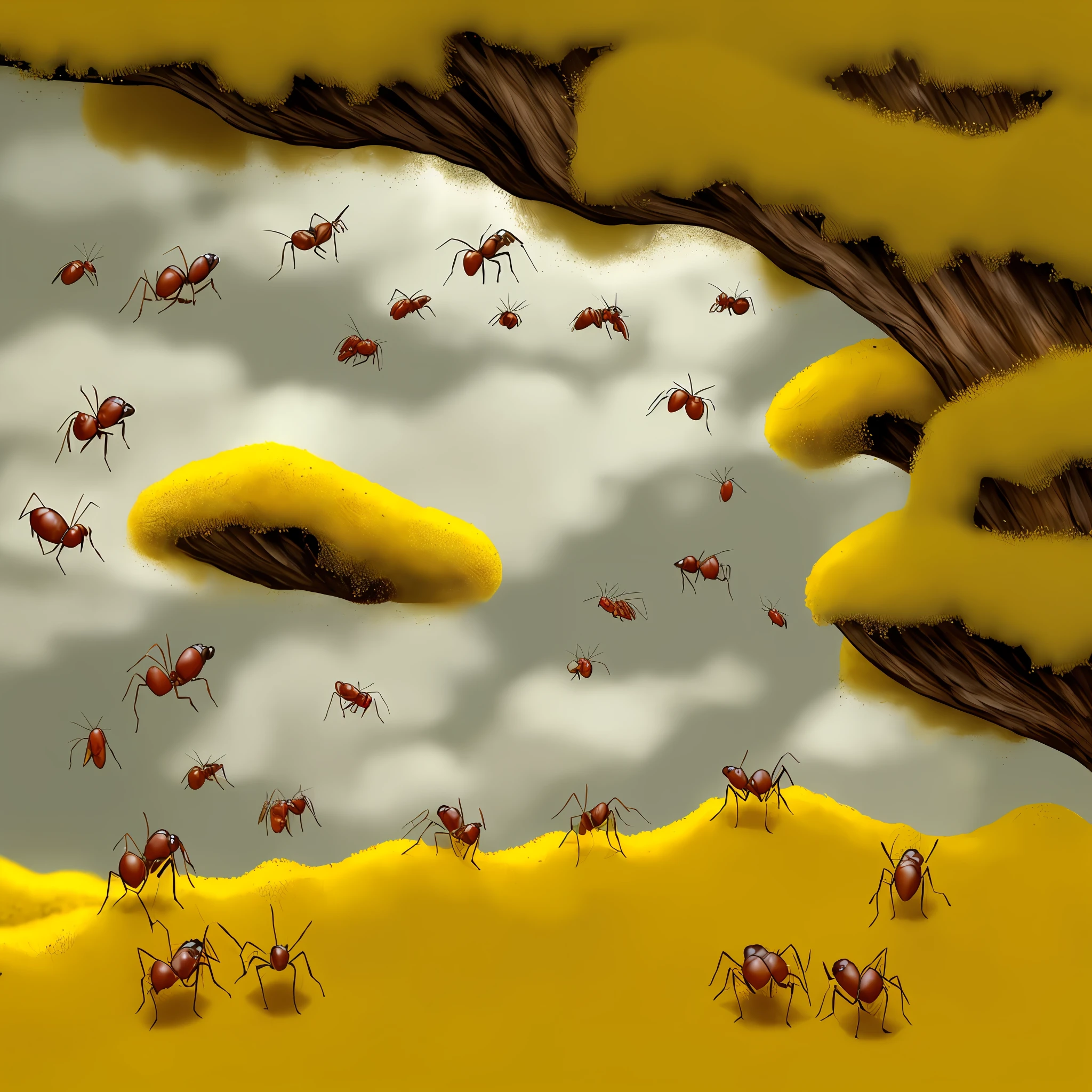 flying ants and insects with yellow anthill full of clouds