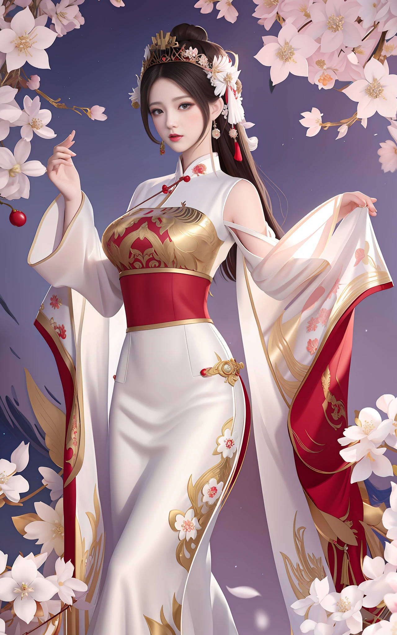 Arapei woman in white and red dress and red gold dress, palace, Hanfu girl, popular on cgstation, beautiful fantasy queen, inspired by blue English, white hanfu, Guvez style artwork, full body fairy, ((beautiful fantasy queen)), cheongsam, flowing cherry blossom silk, 8K HD
