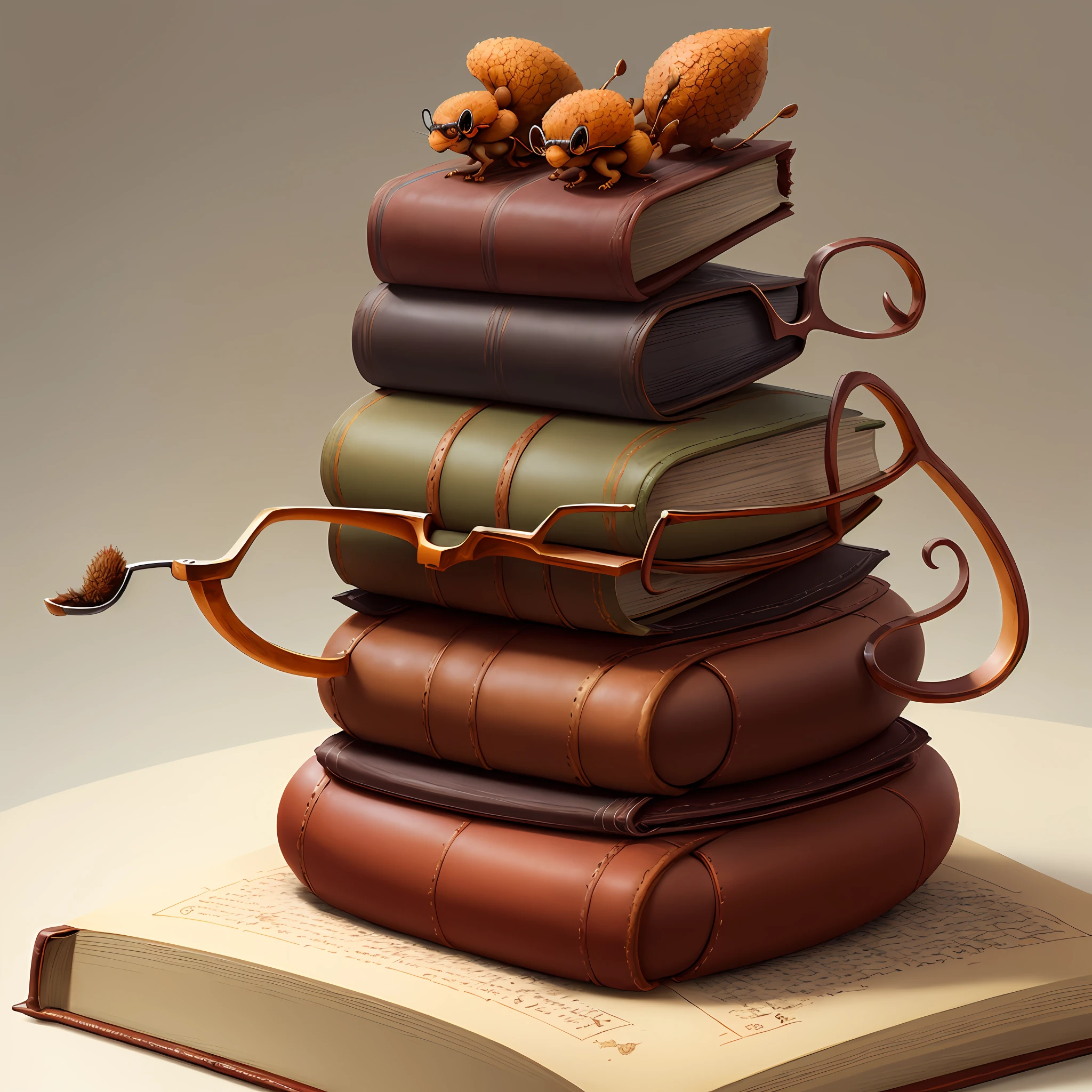 anthill shaped like a stack of three thick leather bound books with one open book propped on the stack with a pair of wire rimmed spectacles less semi-realistic looking