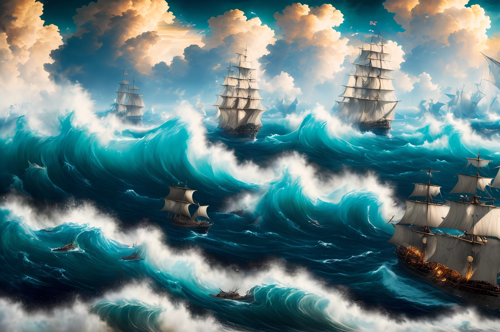 (extremely detailed CG unity 8k wallpaper, masterpiece, best quality, ultra-detailed), Flemish painting style, epic marine battle, dynamic waves, dramatic clouds, exquisite details
