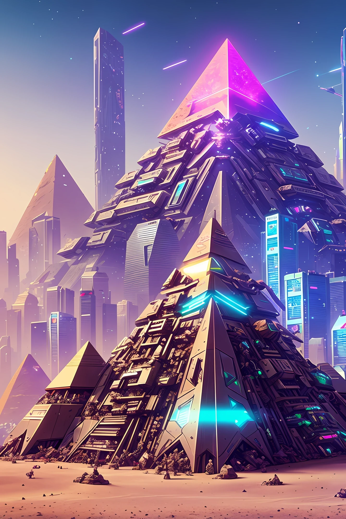 cyberpunk futuristic anthill with crome effects and crystals, pyramid shaped with a mechanical entrace