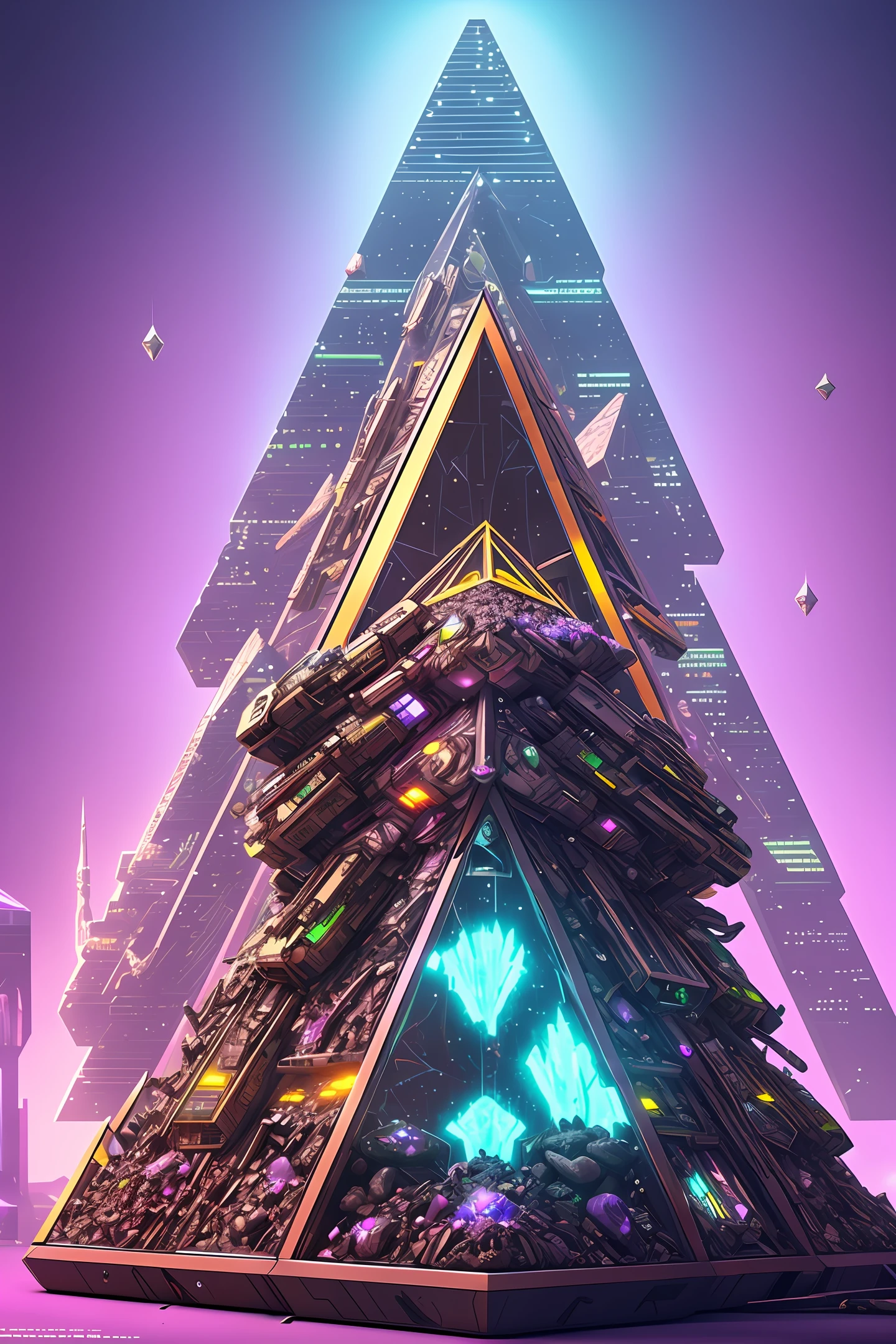 cyberpunk futuristic anthill with crome effects and crystals, pyramid shaped with a mechanical entrace