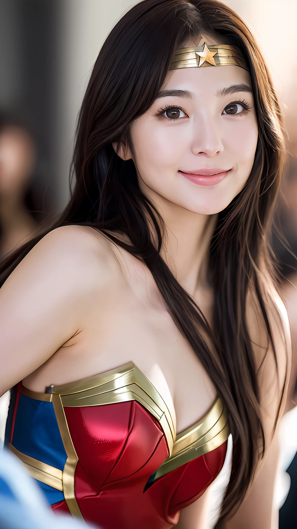 realistic photos of (1 cute Korean star) Shoulder-length hair, thin makeup, medium breasts, slightly smile, waering Wonder Woman costume, with crowded,clear facial features of Canon EOS, 8K high resolution, sharp and realistic details. close up,
