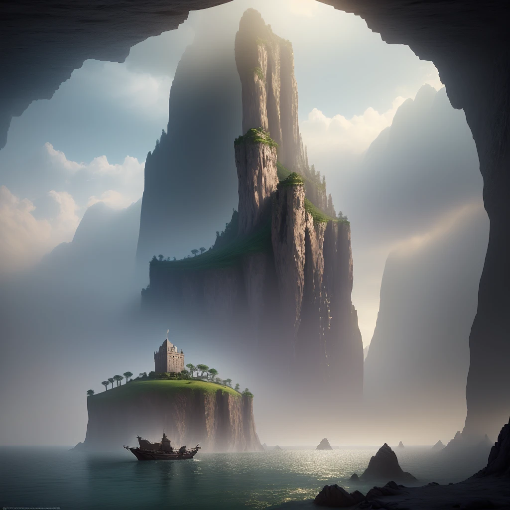 (highly detailed:1.2),(best quality:1.2),(8k:1.0),(emb-rrf-low:1.0),sharp focus,(award-winning photograph:1.2), (subsurface scattering:1.1), there is a boat sailing through a narrow river in a foggy area, matte painting”, matte painting ”, beautiful mattepainting, 3 d render and matte painting, epic matte painting of an island, dramatic matte painting, 3d rendered matte painting, stunning matte painting, matte painting in fantasy style, high quality matte painting, illustration matte painting, exquisite matte painting, dreamy matte painting