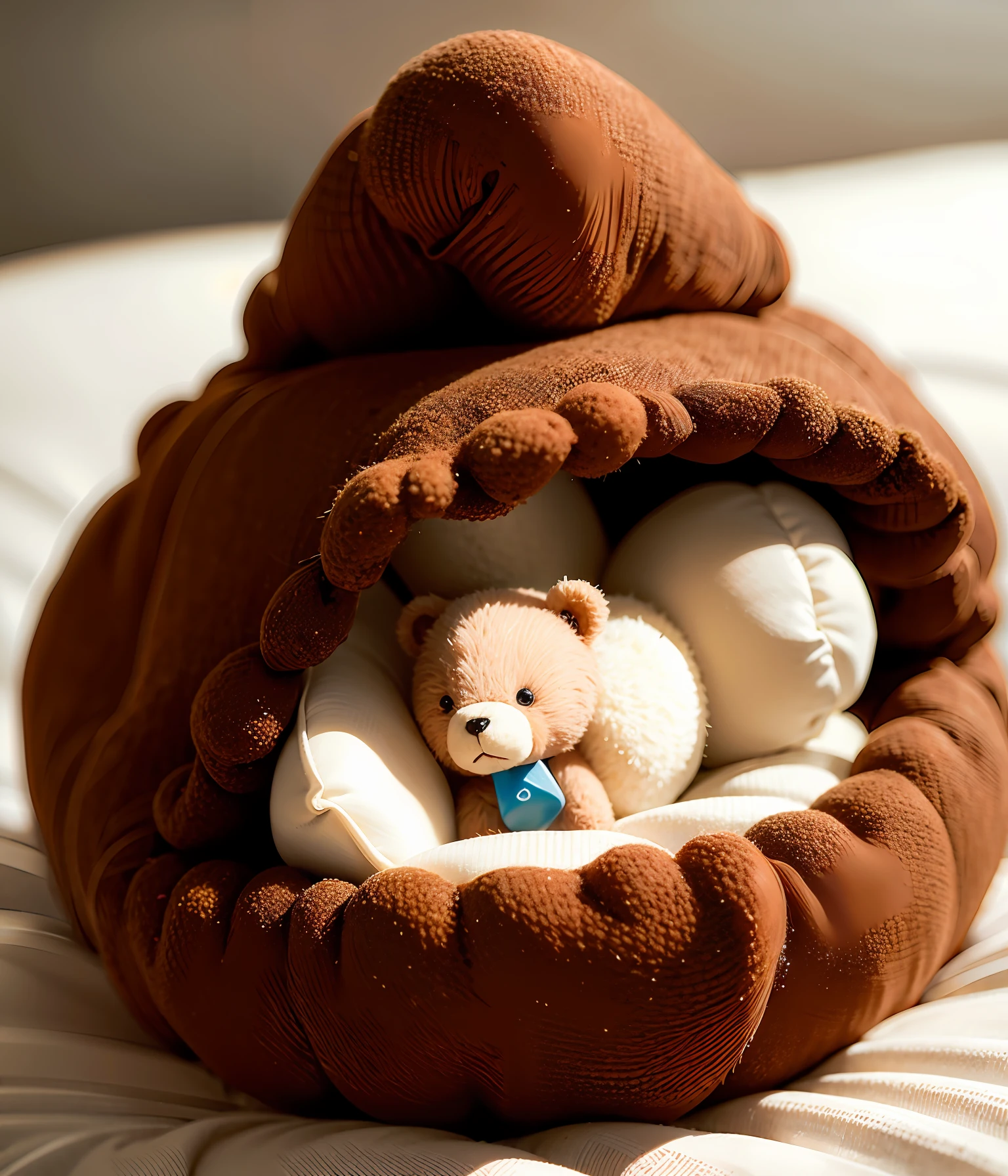 anthill made from cozy fuzzy blanket and pillow with a small teddy bear