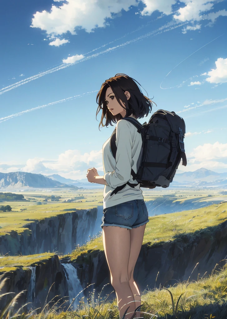(beautiful and magnificent skyline, majestic sky), (extremely tense and dramatic pictures, moving visual effects), (high hanging Polaris, colorful natural light), (1girl), (long-sleeved top, denim shorts, carrying a backpack), (dynamic pose:1.3, black eyes, black hime-cut hair, sparkling girl)[:0.8], (large grassland), (oncoming breeze), (brown hair and background Coordination effect: 1.2), (close shot, long shot mix and match)[::0.9]