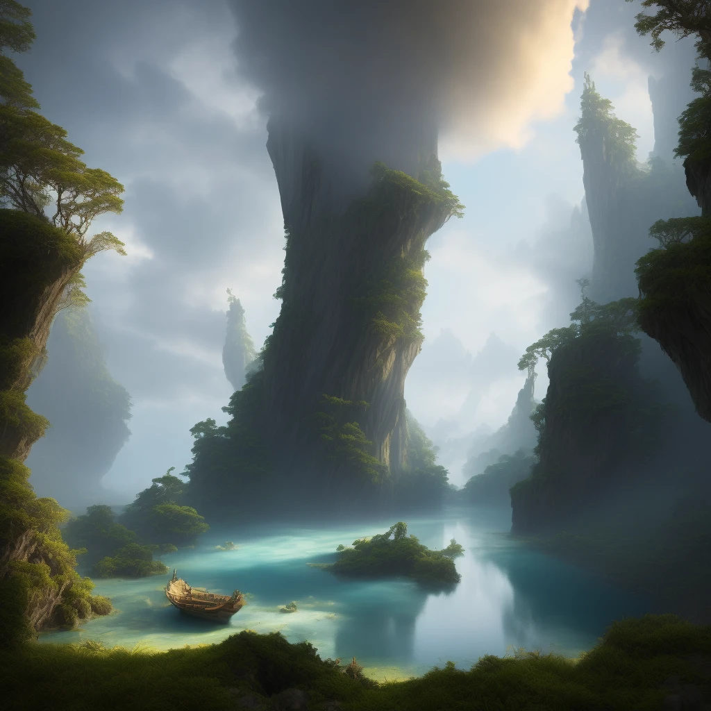 (highly detailed:1.2),(best quality:1.2),(8k:1.0),(emb-rrf-low:1.0),sharp focus,(award-winning photograph:1.2), (subsurface scattering:1.1), there is a boat sailing through a narrow river in a foggy area, matte painting”, matte painting ”, beautiful mattepainting, 3 d render and matte painting, epic matte painting of an island, dramatic matte painting, 3d rendered matte painting, stunning matte painting, matte painting in fantasy style, high quality matte painting, illustration matte painting, exquisite matte painting, dreamy matte painting