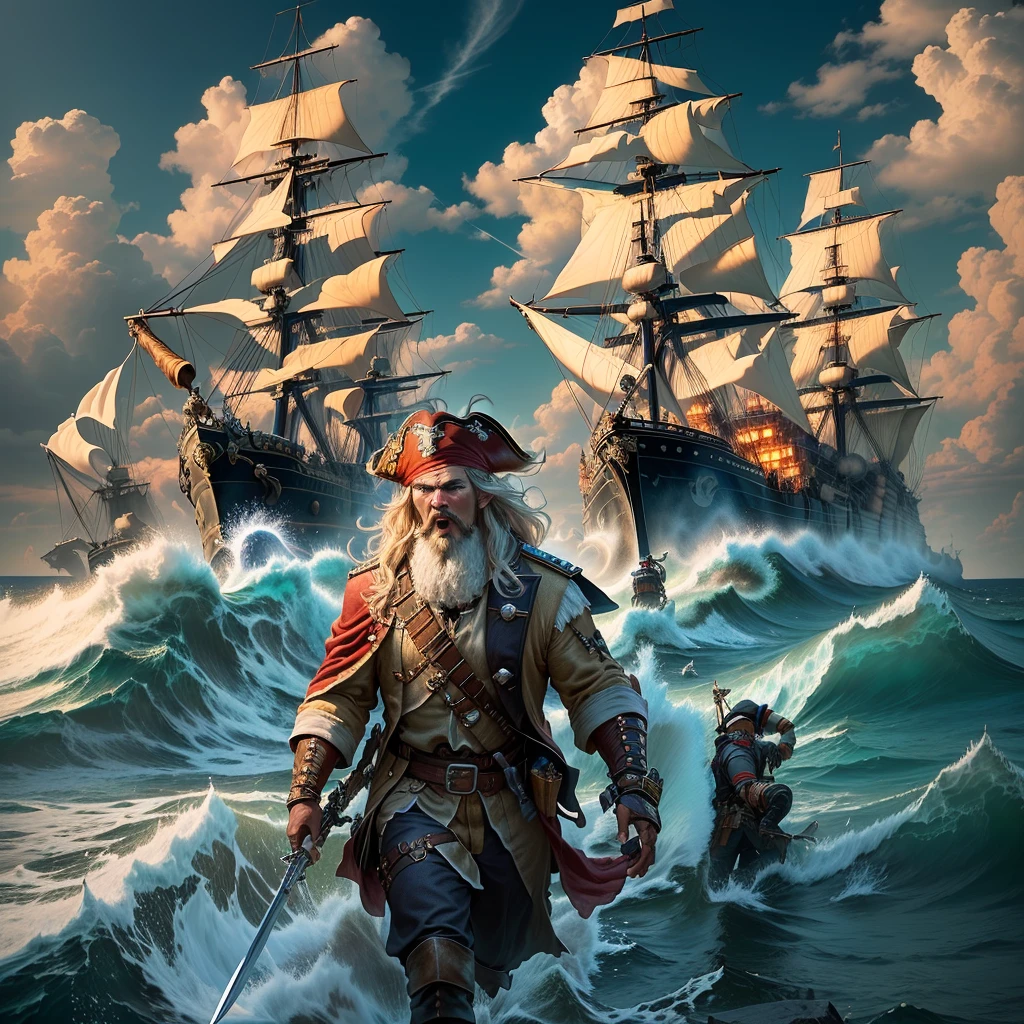 action, adventure, epic, masterpiece, best quality, detailed), a thrilling scene of a high seas pirate boarding a massive ship to conquer it and take all of its treasures. The pirate captain, with a fierce expression, and his crew of loyal, skilled fighters are battling against the ship's guards, using swords, guns and canons. The beautiful, detailed scene features the ocean, the ship, and all of the characters with their unique costumes and weapons. The colors are vibrant and intense. Let the adventure begin.
