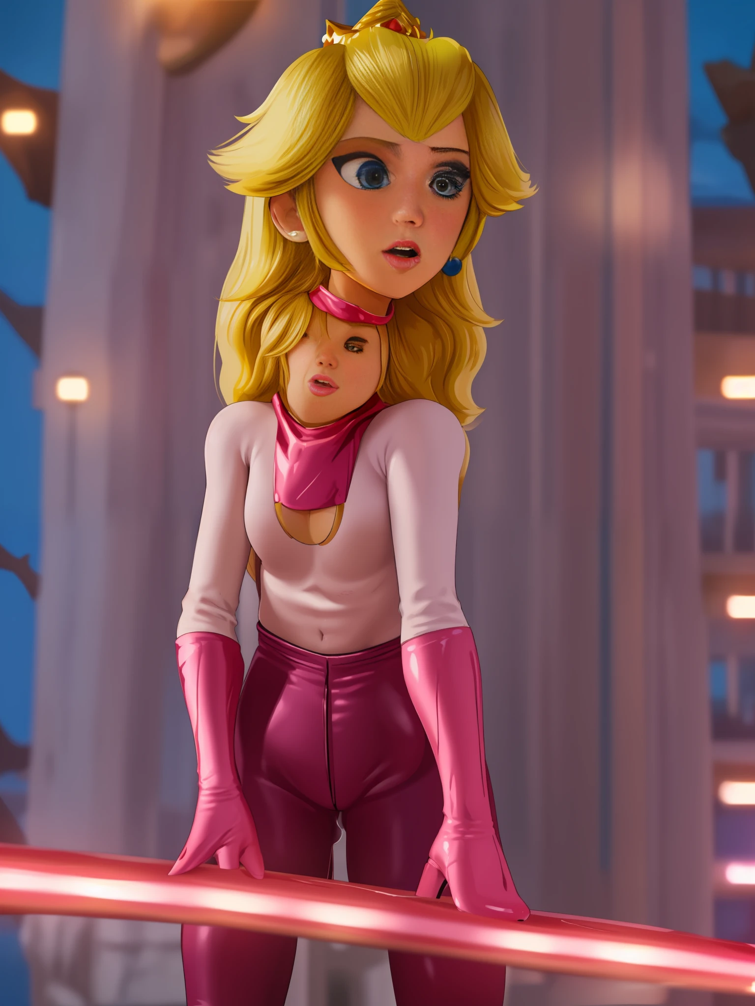 1girl, lip gloss, gold, eye shadow, topless , black latex body suit, princess peach, peach /(illumination/), gold finger nails, saliva, latex high heels, filmic, film grain, depth of field, blurry background, big boobs, night time