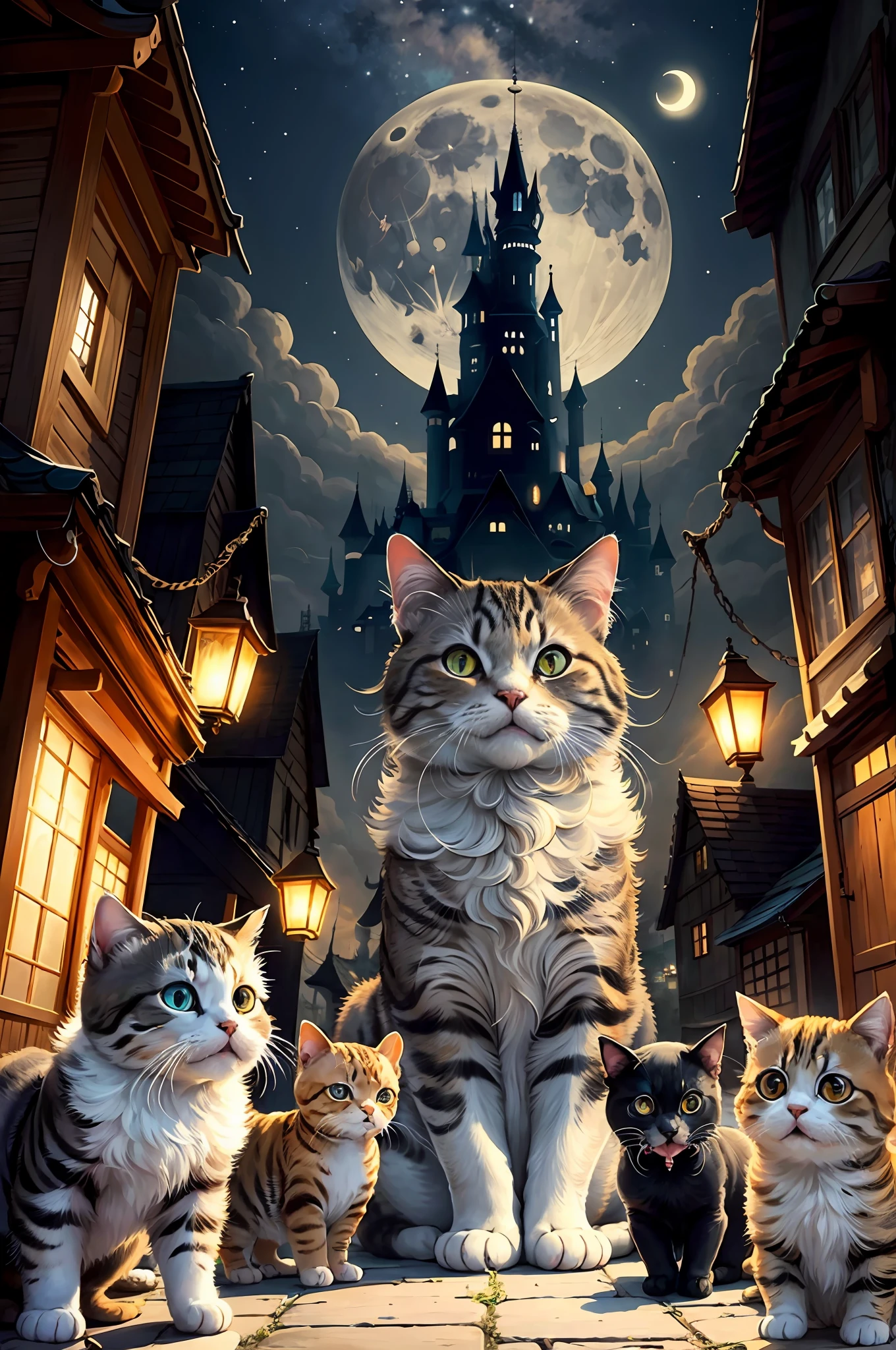 beautiful, masterpiece, best quality, very very high quality, a huge serious cat cat, a bunch of cute puppies, night falls, moon, night, lanterns, streets, castles as a background