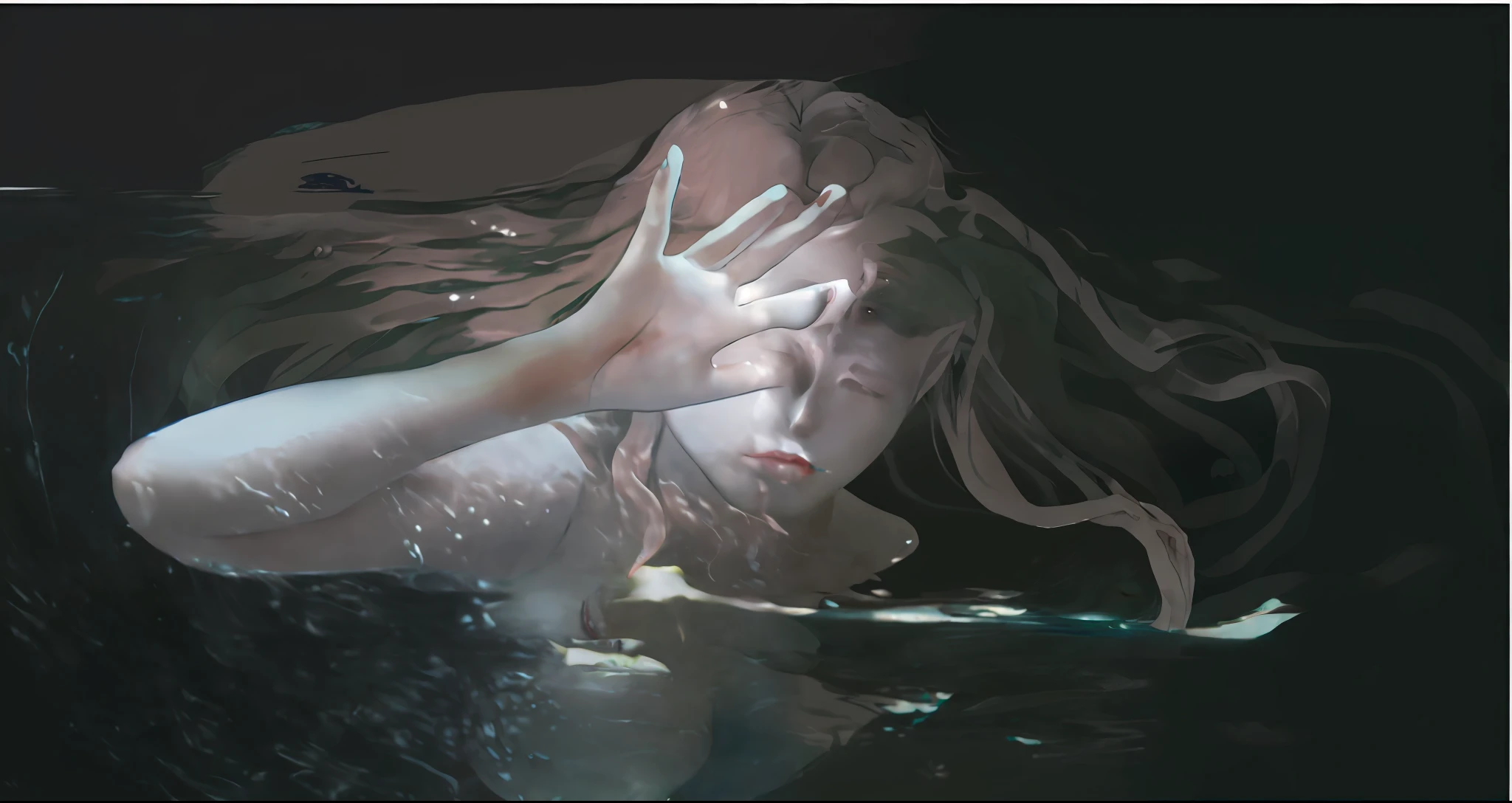 there is a woman in the water with her hands on her face, floating drowned, in a underwater horror scene, drowned, drowning, nymph in the water, emerging from the water, photoshop water art, in water, humans hide in the underwater, water art photoshop, people drowning, face in water, water demon, body in water, sinking underwater, water eyes
