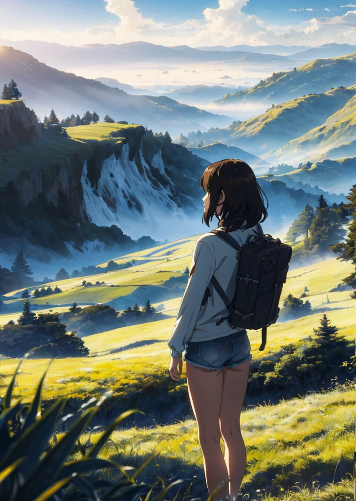 (beautiful and magnificent skyline, majestic sky), (extremely tense and dramatic pictures, moving visual effects), (high hanging Polaris, colorful natural light), (1girl), (long-sleeved top, denim shorts, carrying a backpack), (dynamic pose:1.3, black eyes, black hime-cut hair, sparkling girl)[:0.8], (large grassland), (oncoming breeze), (brown hair and background Coordination effect: 1.2), (close shot, long shot mix and match)[::0.9]