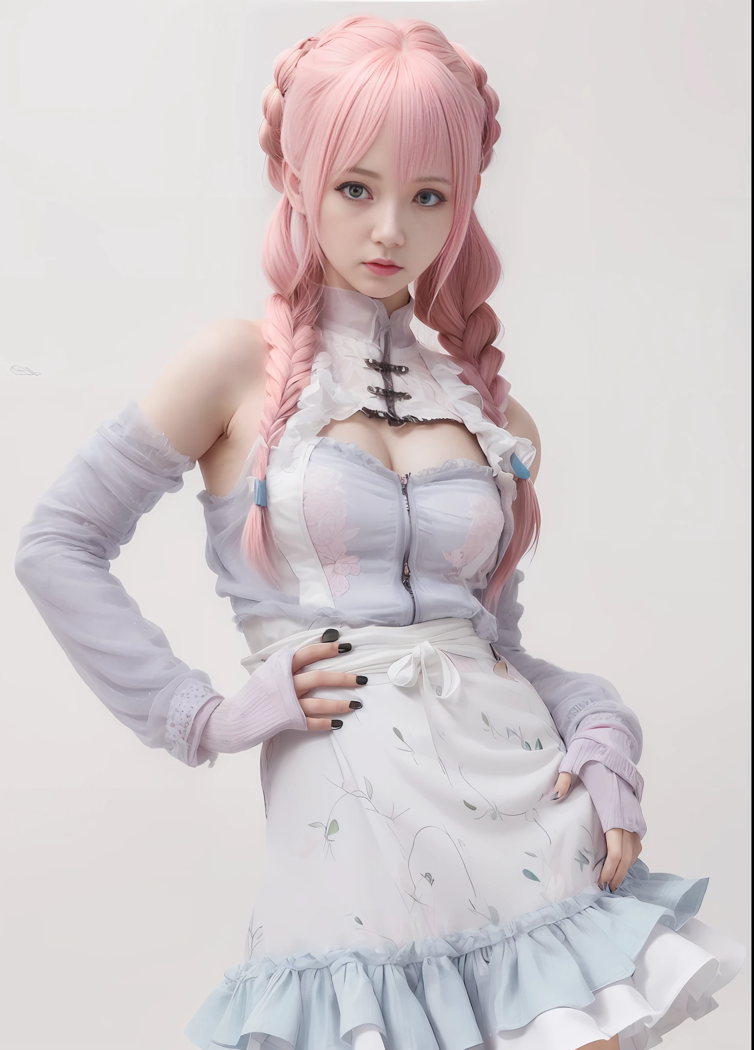 Woman with Pink Hair and Dress Pose, Anime Girl RPG, Guweiz, Realistic Anime Girl Rendering, RPG, Anime RPG, Sakura Haruno, Anime Girl in Real Life, Ki no Sakura, 3D Rendered Character Art 8 K, Ultra Realistic Anime, Pink Two-tailed Hair and Cyan Eyes, April Render (8k, RAW photo, best quality, masterpiece:1.2), (realistic, photo-realistic: 1.37), 1girl, solo, good-looking hands, pink hair, blue eyes, braids, blunt bangs,
