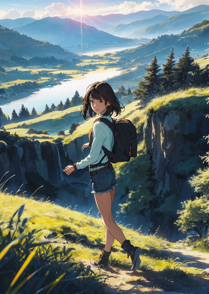 (beautiful and magnificent skyline, majestic sky), (extremely tense and dramatic pictures, moving visual effects), (high hanging Polaris, colorful natural light), (1girl), (long-sleeved top, denim shorts, carrying a backpack), (dynamic pose:1.3, black eyes, black hime-cut hair, sparkling girl)[:0.8], (large grassland), (oncoming breeze), (brown hair and background Coordination effect: 1.2), (close shot, long shot mix and match)[::0.9]