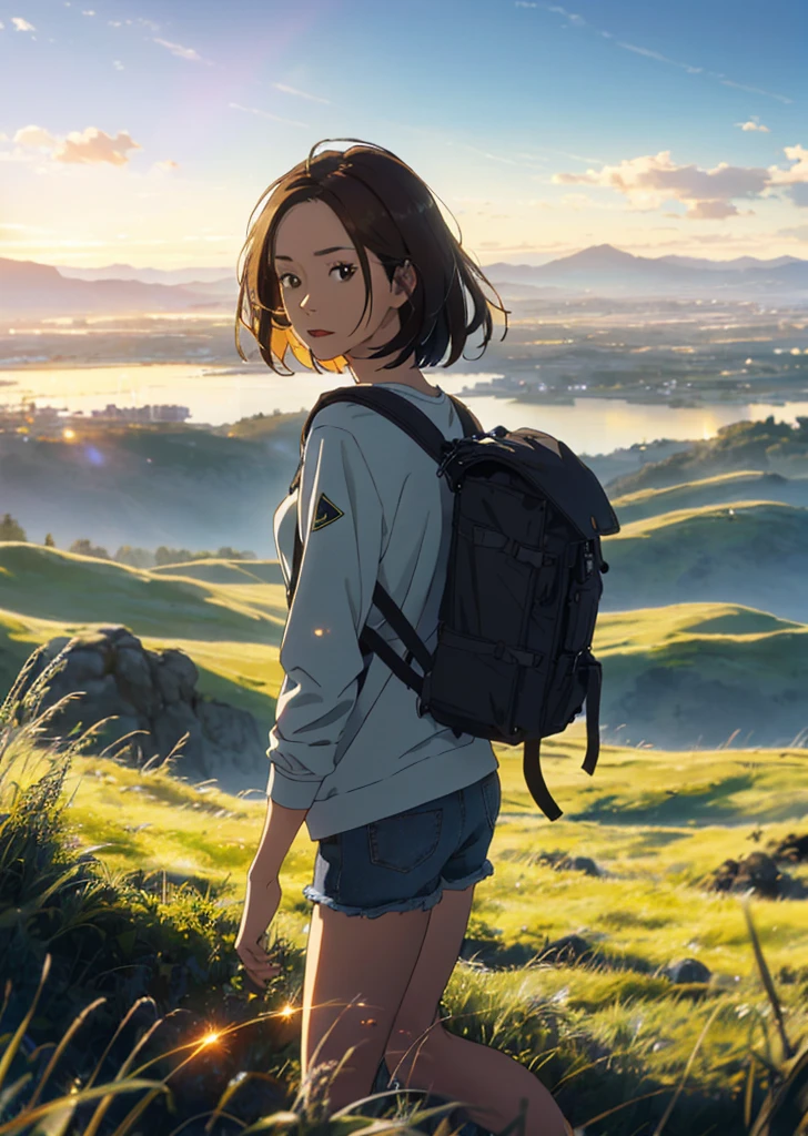 (beautiful and magnificent skyline, majestic sky), (extremely tense and dramatic pictures, moving visual effects), (high hanging Polaris, colorful natural light), (1girl), (long-sleeved top, denim shorts, carrying a backpack), (dynamic pose:1.3, black eyes, black hime-cut hair, sparkling girl)[:0.8], (large grassland), (oncoming breeze), (brown hair and background Coordination effect: 1.2), (close shot, long shot mix and match)[::0.9]