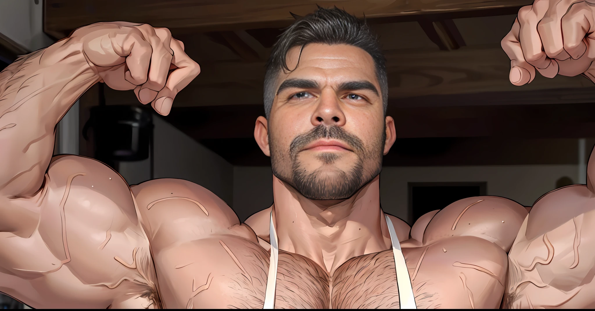 man with a beard stubble and a white tank top flexing his muscles, chiseled muscles, huge glistening muscles, posing and flexing, wrinkles and muscles, vascularity, flexing large muscles, muscular and terrifying, shoulders up, chiseled, exaggerated muscle physique, absurdly muscular physique, profile image, extreme muscles, bursting with muscles