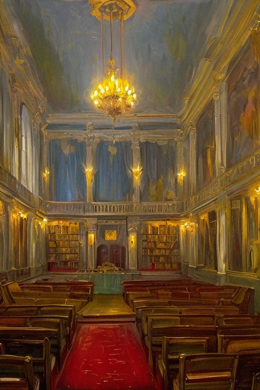 Description of the theatrical scene My hometown Theatrical perspective Mowaja (interior night): large windows, inside the house, reception room, fireplace, old books, old suitcase, some statues, paintings and everything that brings peace and tranquility, high quality, hyper reality, smoke, gray and yellow colors