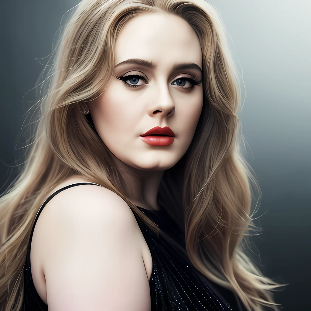 Adele, (close-up: 0.3), front, fat face, fat, round chin, long hair, heavy makeup, light red lips, wearing black evening dress, light neon gradient on background, original simulation style, charming gaze, charming expression. The background should be neutral and simple, pay close attention to details such as highlights and shadows on his face and hair to create a realistic and realistic image. Try different lighting techniques to enhance the mood and atmosphere of your portrait. Highly Detailed Skin, Skin Detail, Sharp Focus, Volumetric Fog, 8K UHD, SLR, High Quality, Film Granular, Fujifilm XT3, (Best Quality: 1.4), (Masterpiece: 1.4), (Detail: 1.3), (Best Quality: 1.4), (Masterpiece: 1.4), (Detail: 1.3), (Gray Background: 1.5, Close Up: 1.5), (Realism: 1.4), (Best Quality: 1.0), (Ultra High Resolution: 1.0)