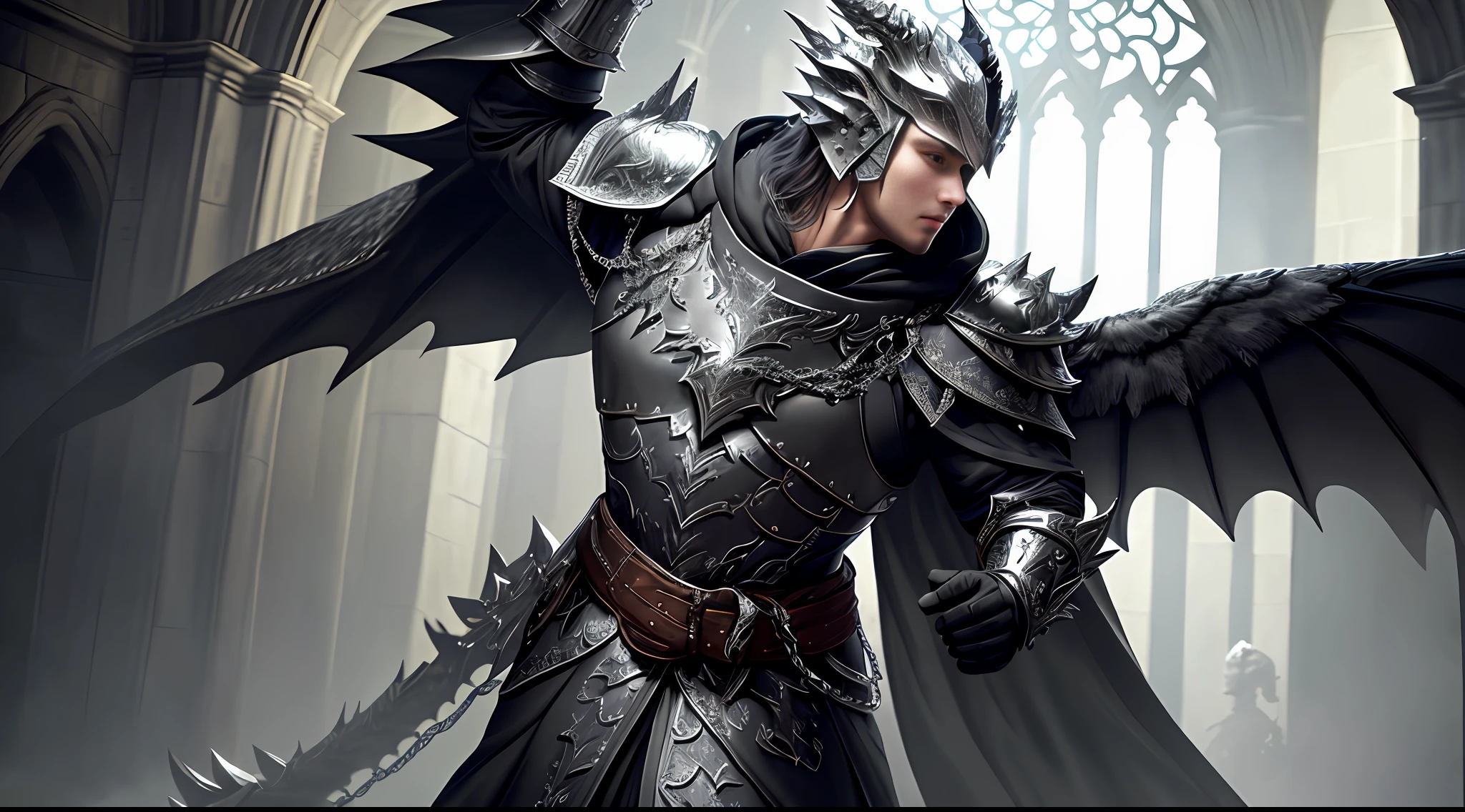 extremely detailed 8k wallpaper), intricate, highly detailed, dramatic, The Dragon Lord holds a highly detailed two-handed sword with both hands, a highly detailed black steel dragon head helmet with opened visor, highly detailed black steel shoulder pads modeled after dragon heads with shimmering silver detailing and ornaments, an overlying gray cloak with a highly detailed large hood pulled low over the face, highly detailed gray feathered dragon wings with translucent membranes, insanely realistic graphics, insanely detailed details, ultra realistic and highly detailed heavy black steel armor with shiny silver ornaments, Magnified shiny silver detailing and a gray tunic, extremely detailed heavy black steel gloves and boots with enhanced shiny silver detailing, light reflects off the detailing, glowing ash levitates from torches from the left to right corner of the arched hallways as you walk through the gloomy cathedral, wet vault floor reflecting the reflection,