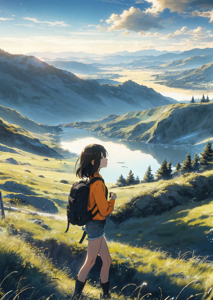 (beautiful and magnificent skyline, majestic sky), (extremely tense and dramatic pictures, moving visual effects), (high hanging Polaris, colorful natural light), (1girl), (long-sleeved top, denim shorts, carrying a backpack), (dynamic pose:1.3, black eyes, black hime-cut hair, sparkling girl)[:0.8], (large grassland), (oncoming breeze), (brown hair and background Coordination effect: 1.2), (close shot, long shot mix and match)[::0.9]