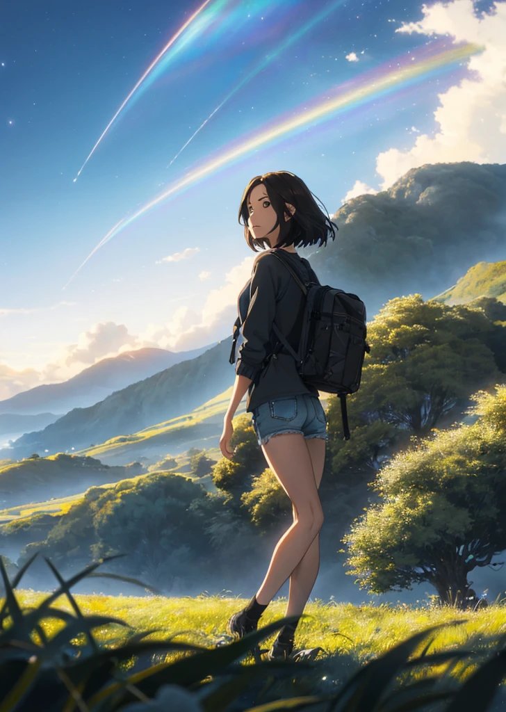 (beautiful and magnificent skyline, majestic sky), (extremely tense and dramatic pictures, moving visual effects), (high hanging Polaris, colorful natural light), (1girl), (long-sleeved top, denim shorts, carrying a backpack), (dynamic pose:1.3, black eyes, black hime-cut hair, sparkling girl)[:0.8], (large grassland), (oncoming breeze), (brown hair and background Coordination effect: 1.2), (close shot, long shot mix and match)[::0.9]