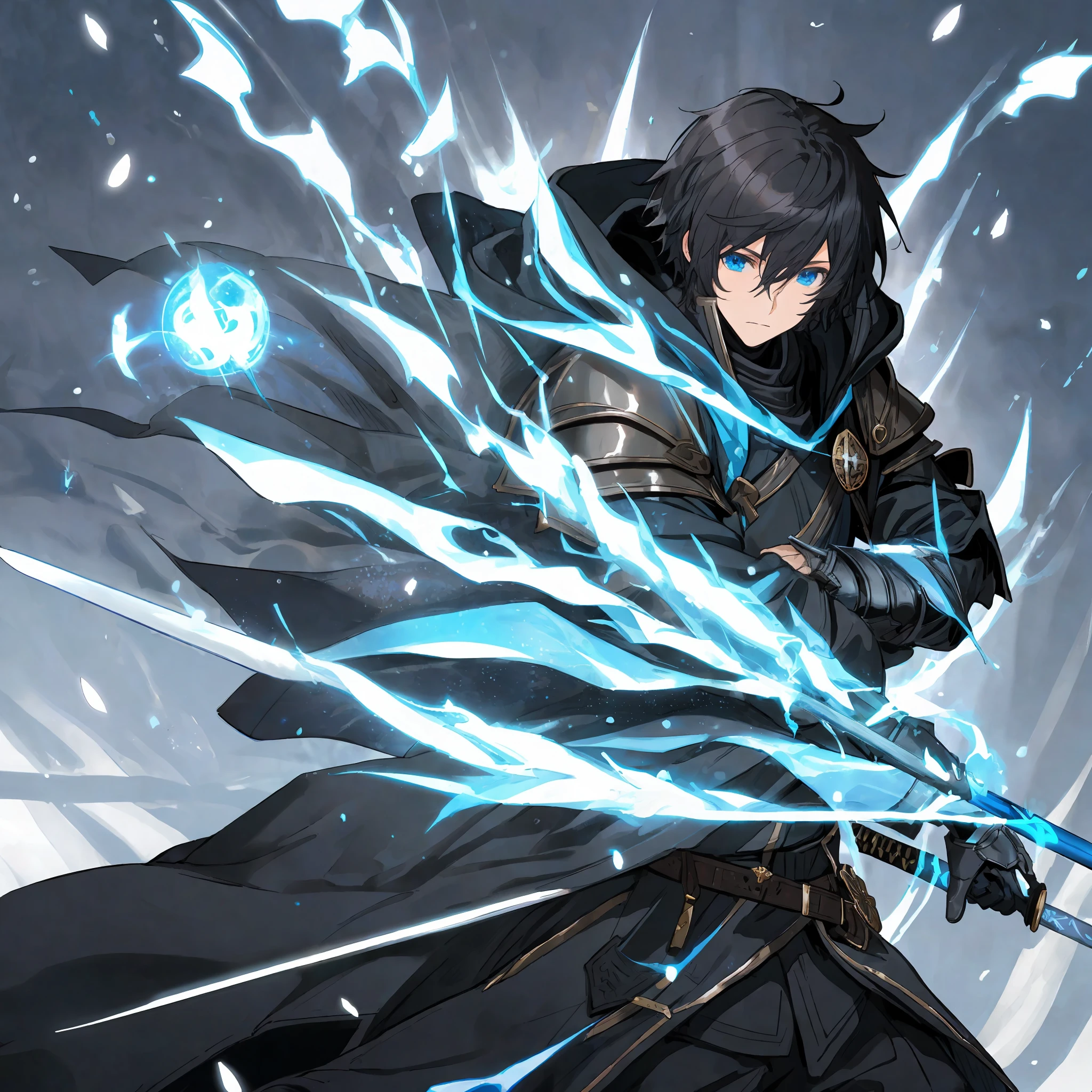 male, black armor, coat, fantasy, western sword, blue eyes, black hair, mage knight, hooded, short hair, solo, adult