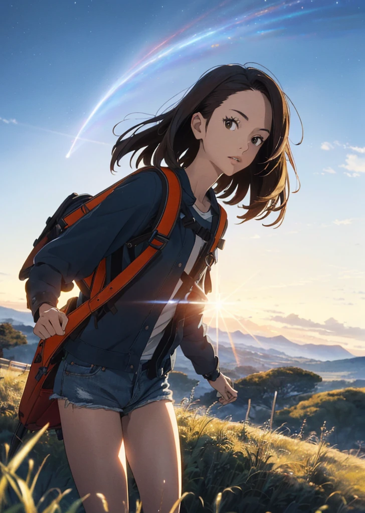 (beautiful and magnificent skyline, majestic sky), (extremely tense and dramatic pictures, moving visual effects), (high hanging Polaris, colorful natural light), (1girl), (long-sleeved top, denim shorts, carrying a backpack), (dynamic pose:1.3, black eyes, black hime-cut hair, sparkling girl)[:0.8], (large grassland), (oncoming breeze), (brown hair and background Coordination effect: 1.2), (close shot, long shot mix and match)[::0.9]