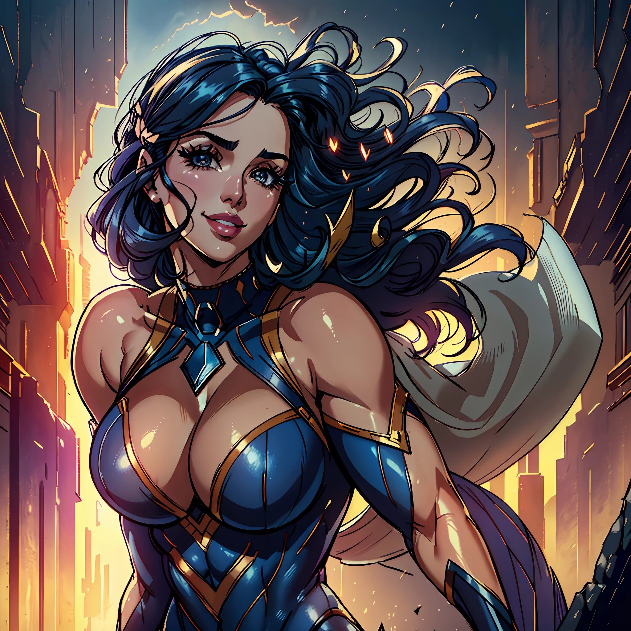 (extremely detailed 8k wallpaper), 1 woman, , (/(large, huge/)_breasts:1.0), hips, knees, (__hair__:1.1), bodysuit, décolleté, (press:0.8), gloves, superhero, superheroine, (muscular:1.1), clothes torn in places and abrasions and bare chest visible, slave collar, hair ornament, hair accessories, (dynamic pose:1.1), floating hair, sfx, windy, cape, comic style, correct perspective, (depth of field:1.2), textures, definite, atmospheric, soft cinematic light, Adobe Lightroom, Photolab, (HDR:1.2), high-detailed, cinematic, dramatic light, (intricate details:1.1), epic, (corneo_runny_makeup:1.0), (smile:1.0), (looking at the viewer:1.1), (plump lips:0.9), bimbo, (eyelashes:1.2),