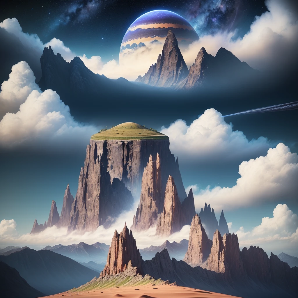 arafed view of a mountain landscape with a planet in the distance, cinematic space scenery, digital matte painting, dreamy matte painting, exquisite matte painting, matte digital painting, symmetric matte painting, flat matte painting, 3d matte painting, matte painting scenery, planet landscape, high quality matte painting, matte painting movie poster, exoplanet landscape, alien breathtaking landscape