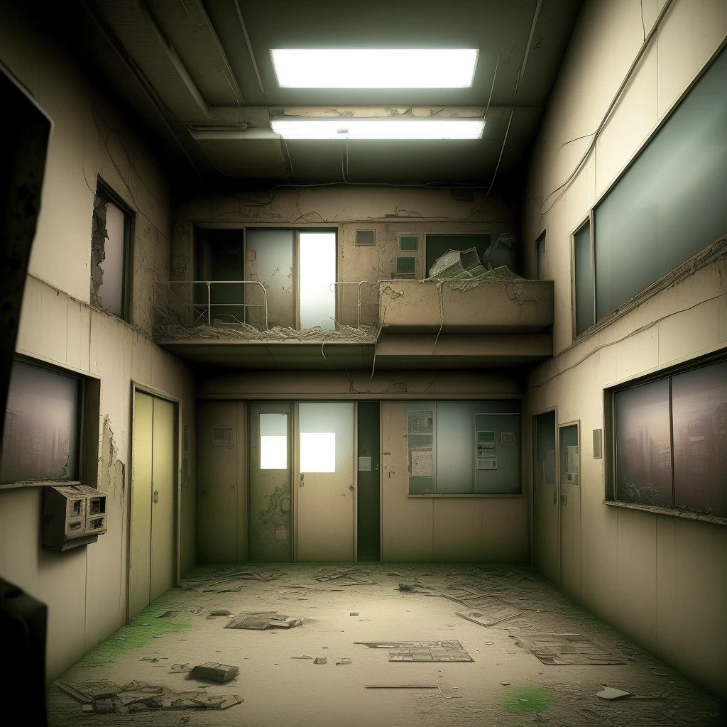 (best quality, masterpiece), post-apocalyptic style, PS1 resolution, office environment and secret hideouts, deteriorated and abandoned scenarios, are seen with VHS filters.