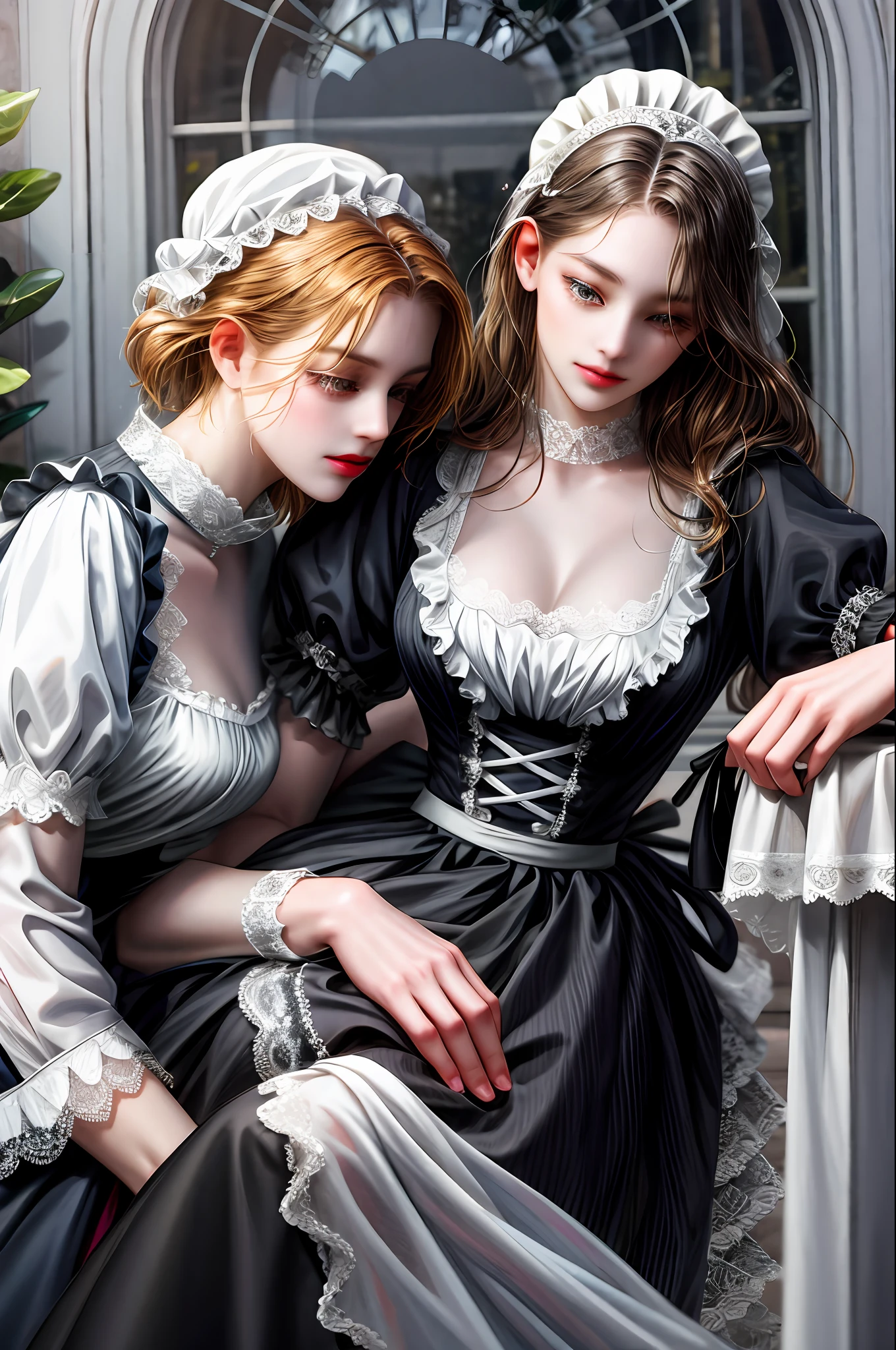 (absurd, high resolution, ultra detailed), (absurd, highres, ultra detailed), 2girl, two maids in love with each other, lesbians, lesbian couple, maids' clothes with ankle-length dresses, with long sleeves and high collars, black and white, the skirts used to be wide and frilly, while the blouses have lace details or ribbons. In addition, they wear white aprons over dresses and hats on their heads.