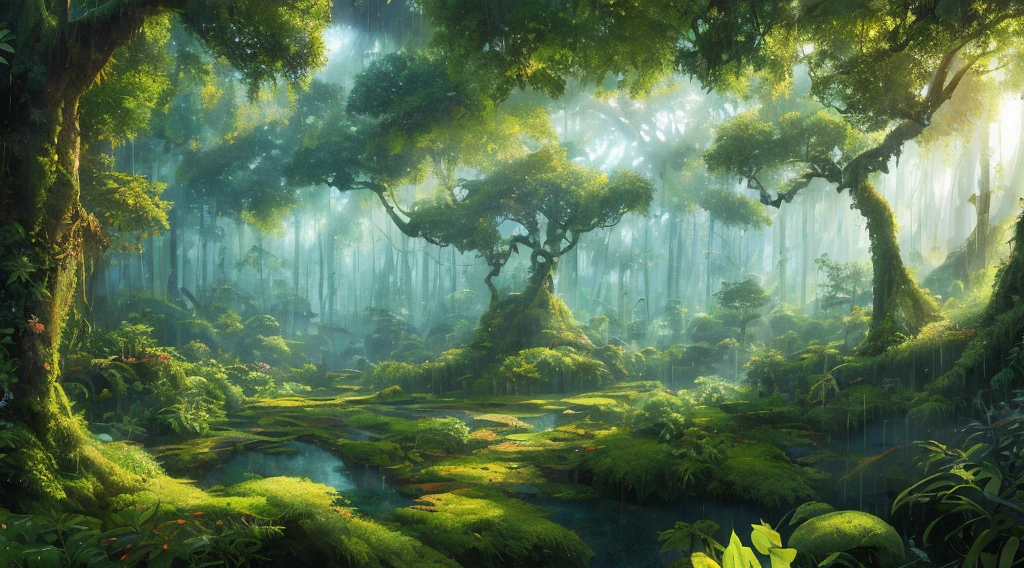 Magic forest, great height, up a lot of space under magical trees, ((masterpiece)), (((best quality))), ((ultra-detailed)), (Amazing:1.1), extremely detailed 8k wallpapers, digital illustration, detailed and intricate, dense jungle filled with exotic plants and animals, sunlight seeping through the canopy, creating a spotted effect. In the style of Yoshitaka Amano and Hayao Miyazaki, a masterpiece, proportional, detailed, popular at the art station, beautiful lighting, intricate, award-winning, 4k, highest quality, award-winning, digital painting in the style of Yoshitaka Amano. Beautiful lighting and cinematic composition make this work a true masterpiece, popular on artstation. Jungle, with intense rains, monochromatic, vines around, giant and wet trees, masterpiece, best quality, high quality, extremely detailed CG unity 8k wallpaper, oil paiting, award-winning photography, bokeh, depth of field, HDR, flowering, chromatic aberration, extremely detailed, trend on artstation, trend on CGsociety, complex, high detail, dramatic, art halfway, volumetric lighting