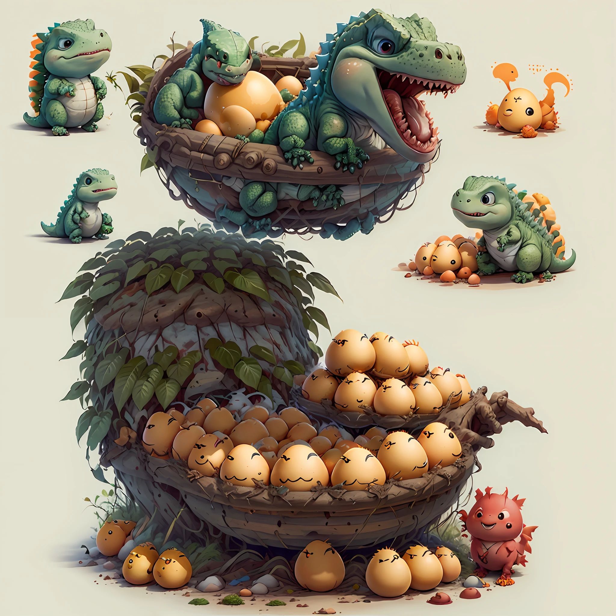 A cute little dinosaur holding an egg, --v 6