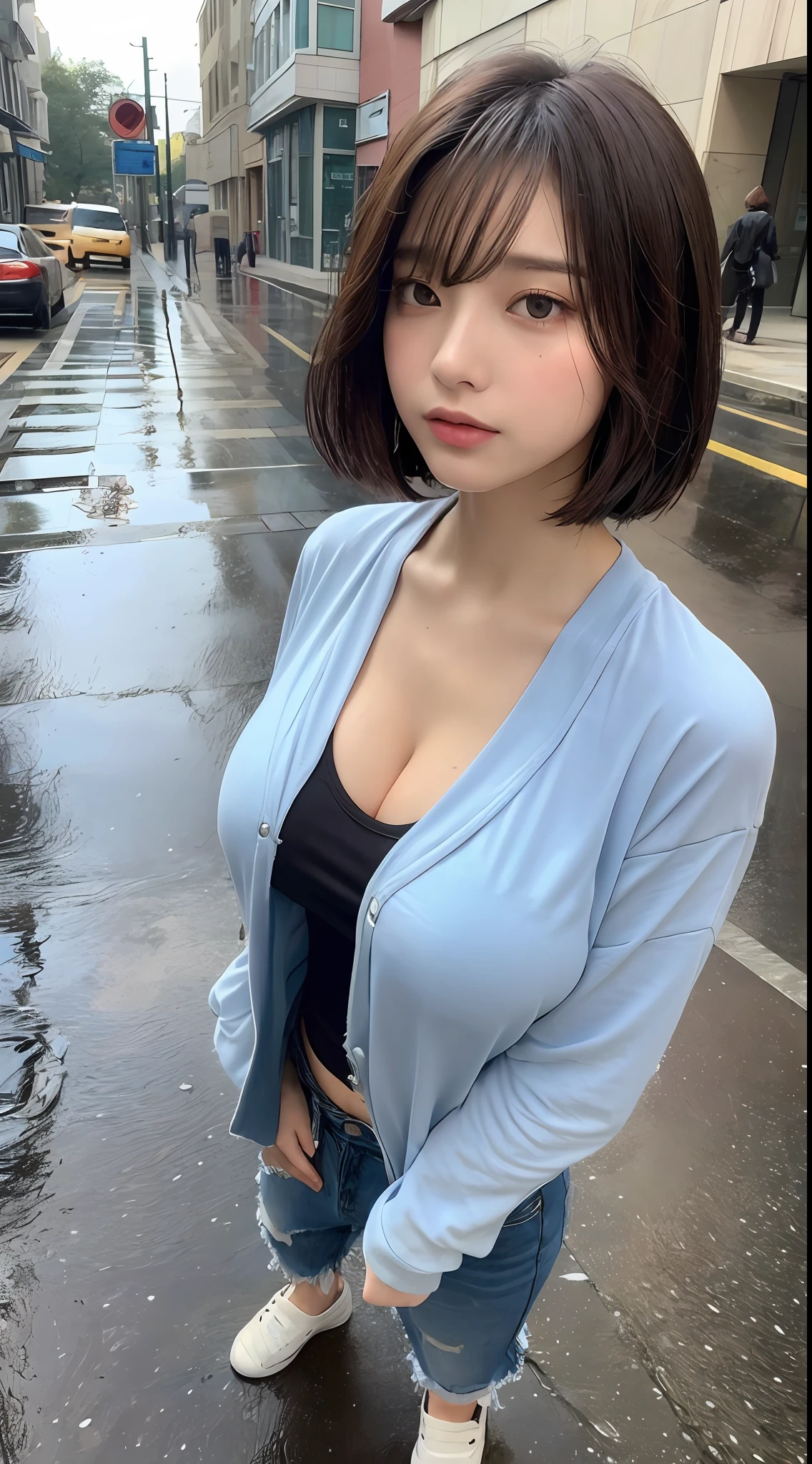 ((Best Quality, 8k, Masterpiece: 1.3)), Focus: 1.2, Perfect Body Beauty: 1.4, Slim Abs: 1.2, ((Layered Haircut, Big Breasts: 1.2)), (Wet Clothes: 1.1) , (Rain, Street:1.3), Wet Body: 1.1, Highly detailed face and skin texture, Detailed eyes, Double eyelids, Double clothes, Short clothes