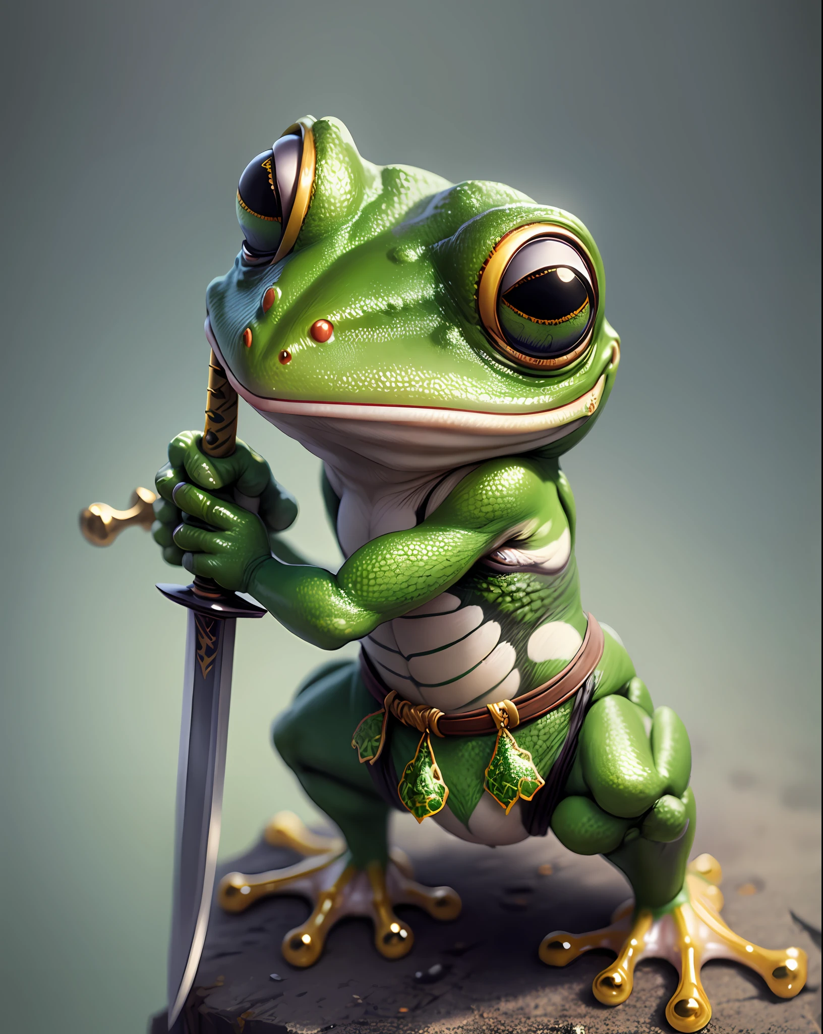 Masterpiece of cute creatures, very detailed, frog ninja, holding a sword, close-up, 8k, full body, Unreal Engine, fantasy creatures, --v 6