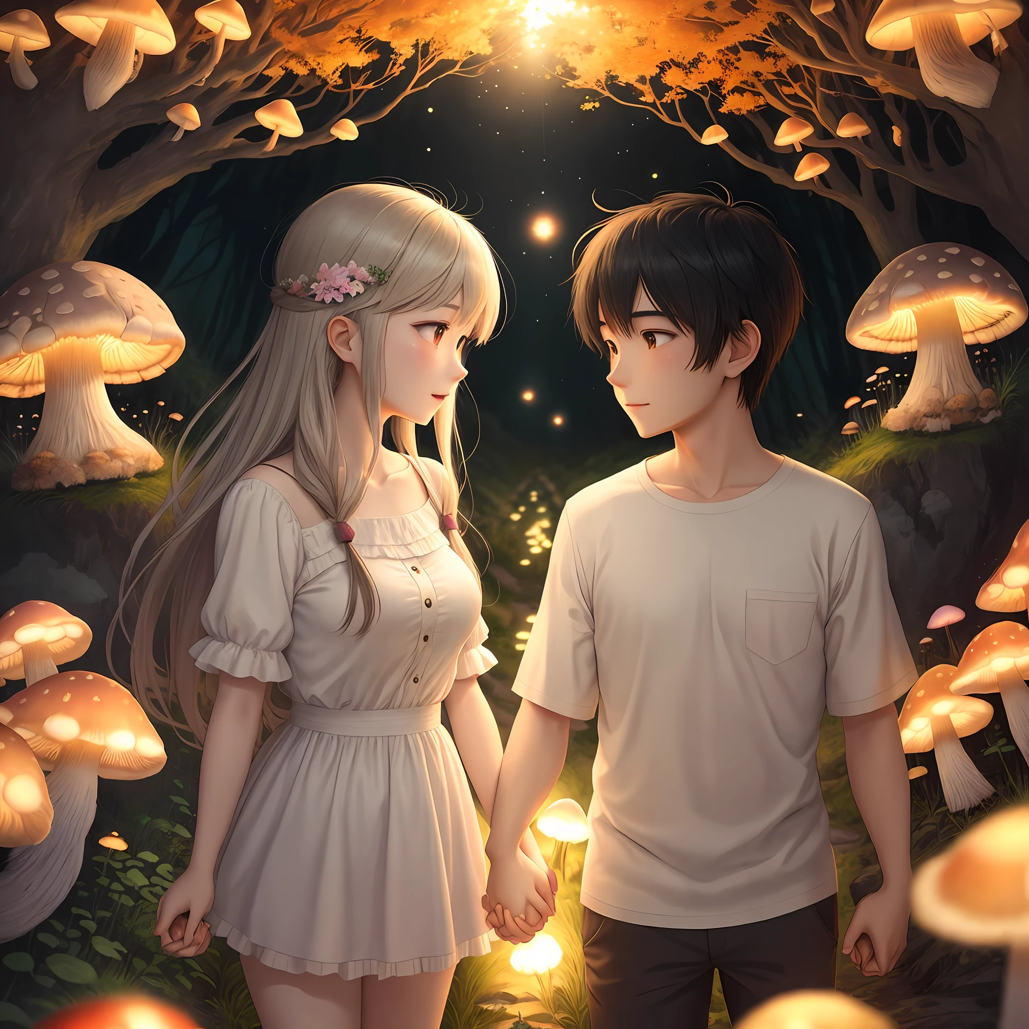 Anime couple holding hands looking at each other in a valley of fireflies and mushrooms