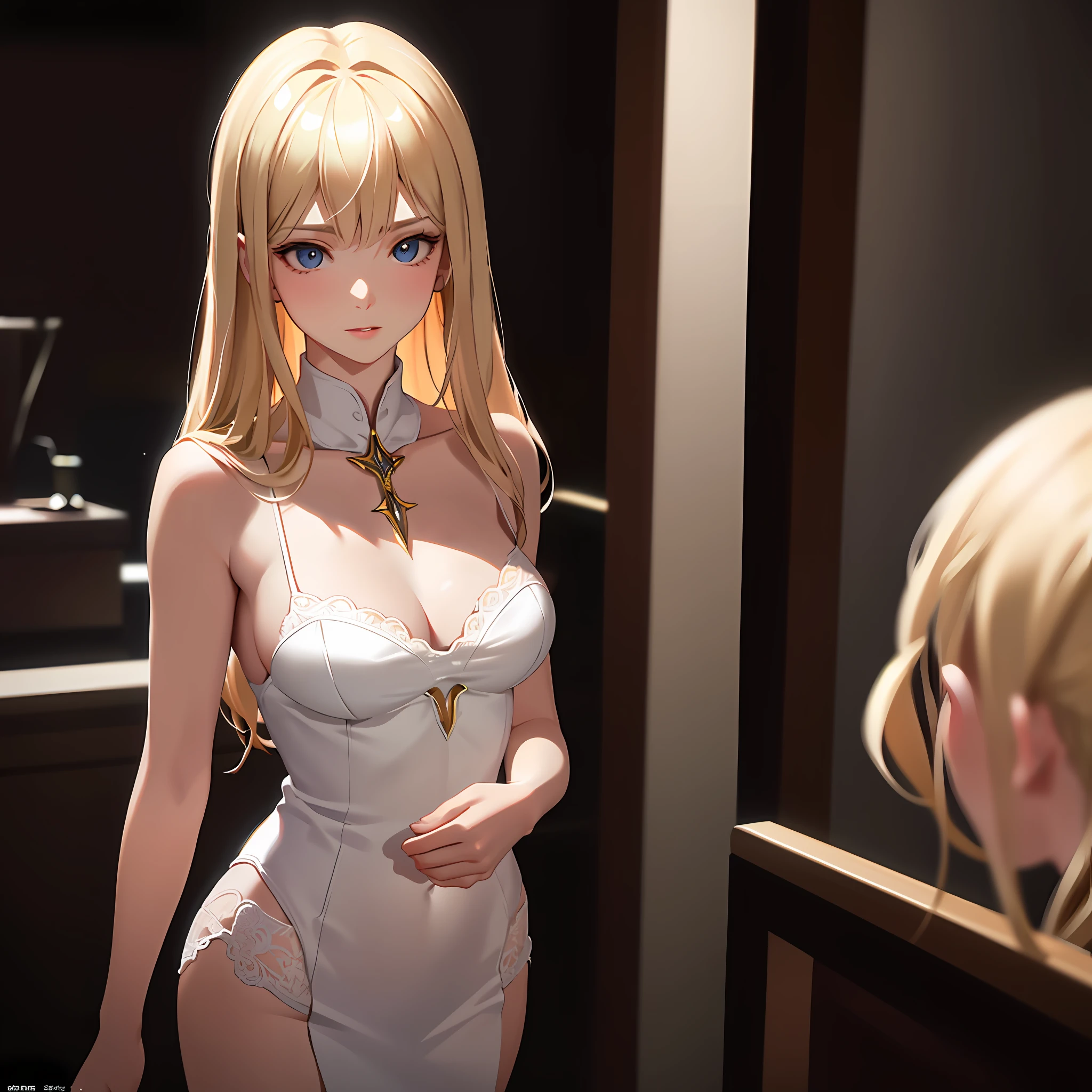 Blonde mistress woman, beautiful, with white lingerie, holding and looking at another woman, black hair, yuri ecchi, anime, masterpiece, 4k, award-winning photo, extremely detailed, amazing, fine details, absurd, extremely detailed eyes and face, piercing eyes, small breasts, photography 4 kodak portra 400 camera f1. 6 colors rich in lens, realistic texture, hyper realistic, dramatic lighting, unreal engine, trending on artstation cinestill 800 tungsten