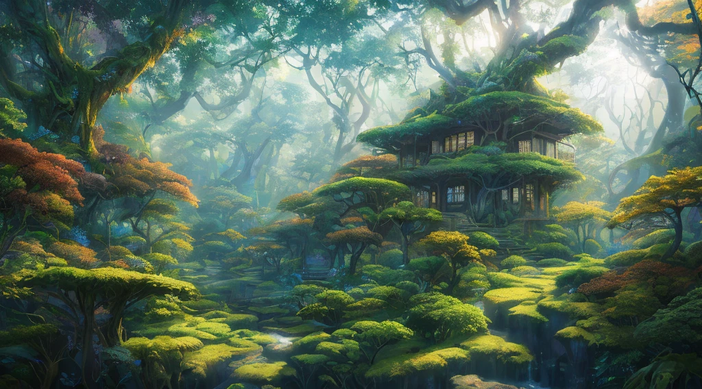 A magical forest, a great height, up a lot of space under magical trees, a forest with magic and glowing mushrooms, ((masterpiece)), (((best quality))), ((ultra-detailed)), (Amazing:1.1), extremely detailed 8k wallpapers, Digital illustration, detailed and intricate, dense jungle filled with exotic plants and animals, sunlight seeping through the canopy, creating a spotted effect. In the style of Yoshitaka Amano and Hayao Miyazaki, a masterpiece, proportional, detailed, popular on the art station, beautiful lighting, intricate, award-winning, 4k, dark forest, highest quality, award-winning, digital painting in the style of Yoshitaka Amano. Beautiful lighting and cinematic composition make this work a true masterpiece, popular on artstation. Jungle, monochromatic, vines around, giant trees, masterpiece, best quality, high quality, extremely detailed CG unity 8k wallpaper, oil paiting, award-winning photography, bokeh, depth of field, HDR, bloom, chromatic aberration, extremely detailed, trend on artstation, trend on CGsociety, complex, high detail, dramatic, art halfway, volumetric lighting