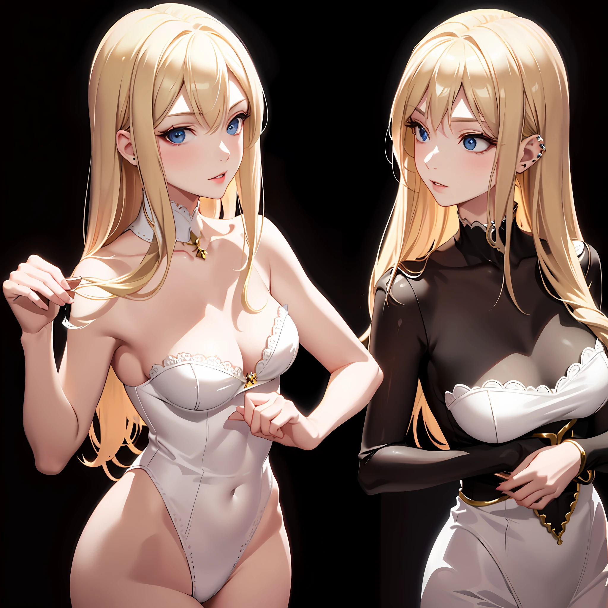 Blonde mistress woman, beautiful, with white lingerie, holding and looking at another woman with black hair, yuri, ecchi, anime, Masterpiece, 4k, award-winning photo, extremely detailed, amazing, fine details, absurdities, extremely detailed eyes and face, piercing eyes, small breasts, realistic texture hyper realistic dramatic lighting highlighting.