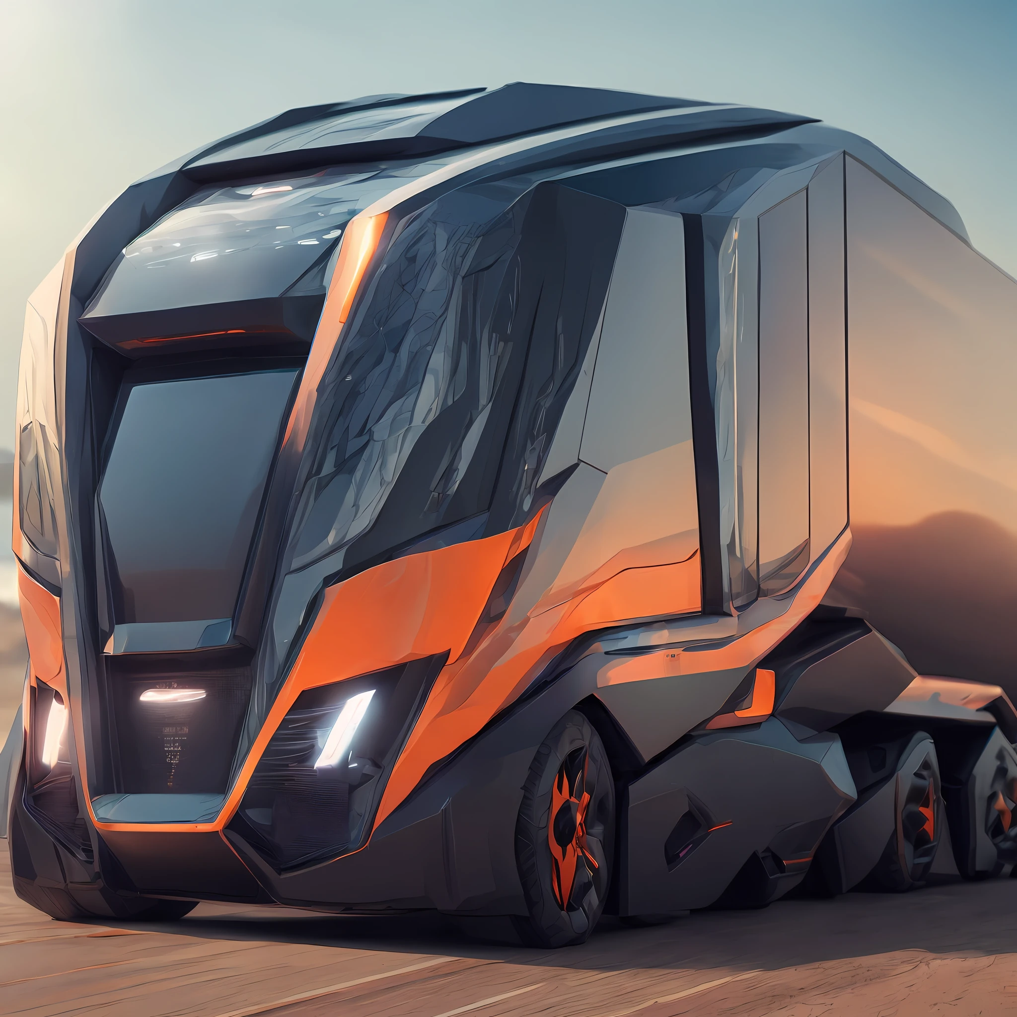 Futuristic driverless truck, autonomous driving technology, Star Genesis and Genesis style, photo realism, hyper-detail, natural light, light background, photo, dynamic composition, sharpening, detail + intricate simplified form of detail + professional lighting, cinematic lighting + 35mm + anamorphic + lightroom + photography + bokeh + lens flare + film grain