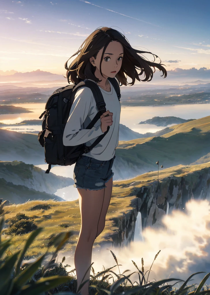 (beautiful and magnificent skyline, majestic sky), (extremely tense and dramatic pictures, moving visual effects), (high hanging Polaris, colorful natural light), (1girl), (long-sleeved top, denim shorts, carrying a backpack), (dynamic pose:1.3, black eyes, black hime-cut hair, sparkling girl)[:0.8], (large grassland), (oncoming breeze), (brown hair and background Coordination effect: 1.2), (close shot, long shot mix and match)[::0.9]