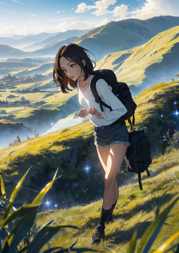 (beautiful and magnificent skyline, majestic sky), (extremely tense and dramatic pictures, moving visual effects), (high hanging Polaris, colorful natural light), (1girl), (long-sleeved top, denim shorts, carrying a backpack), (dynamic pose:1.3, black eyes, black hime-cut hair, sparkling girl)[:0.8], (large grassland), (oncoming breeze), (brown hair and background Coordination effect: 1.2), (close shot, long shot mix and match)[::0.9]