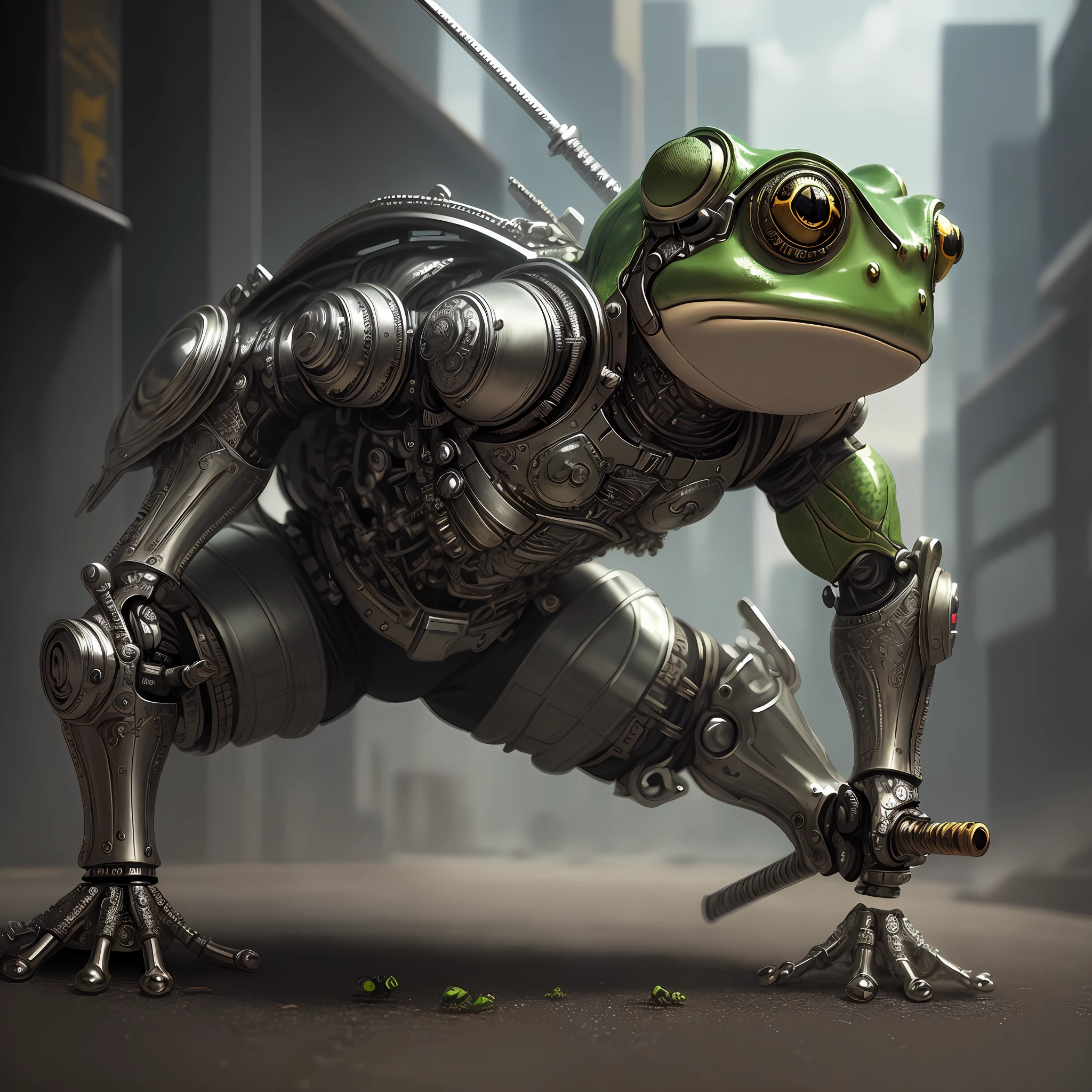 a cute frog made out of metal, holding a sword, cyborg, cyberpunk style, ((intricate details)), hdr, ((intricate details, hyperdetailed)), cinematic shot, vignette