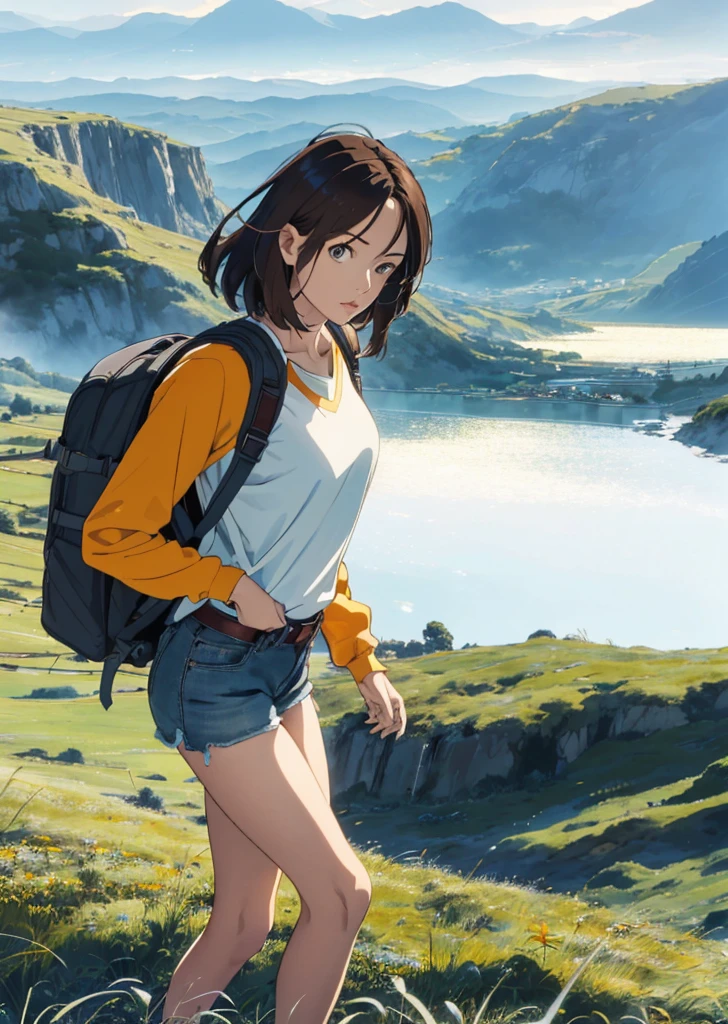 (beautiful and magnificent skyline, majestic sky), (extremely tense and dramatic pictures, moving visual effects), (high hanging Polaris, colorful natural light), (1girl), (long-sleeved top, denim shorts, carrying a backpack), (dynamic pose:1.3, black eyes, black hime-cut hair, sparkling girl)[:0.8], (large grassland), (oncoming breeze), (brown hair and background Coordination effect: 1.2), (close shot, long shot mix and match)[::0.9]