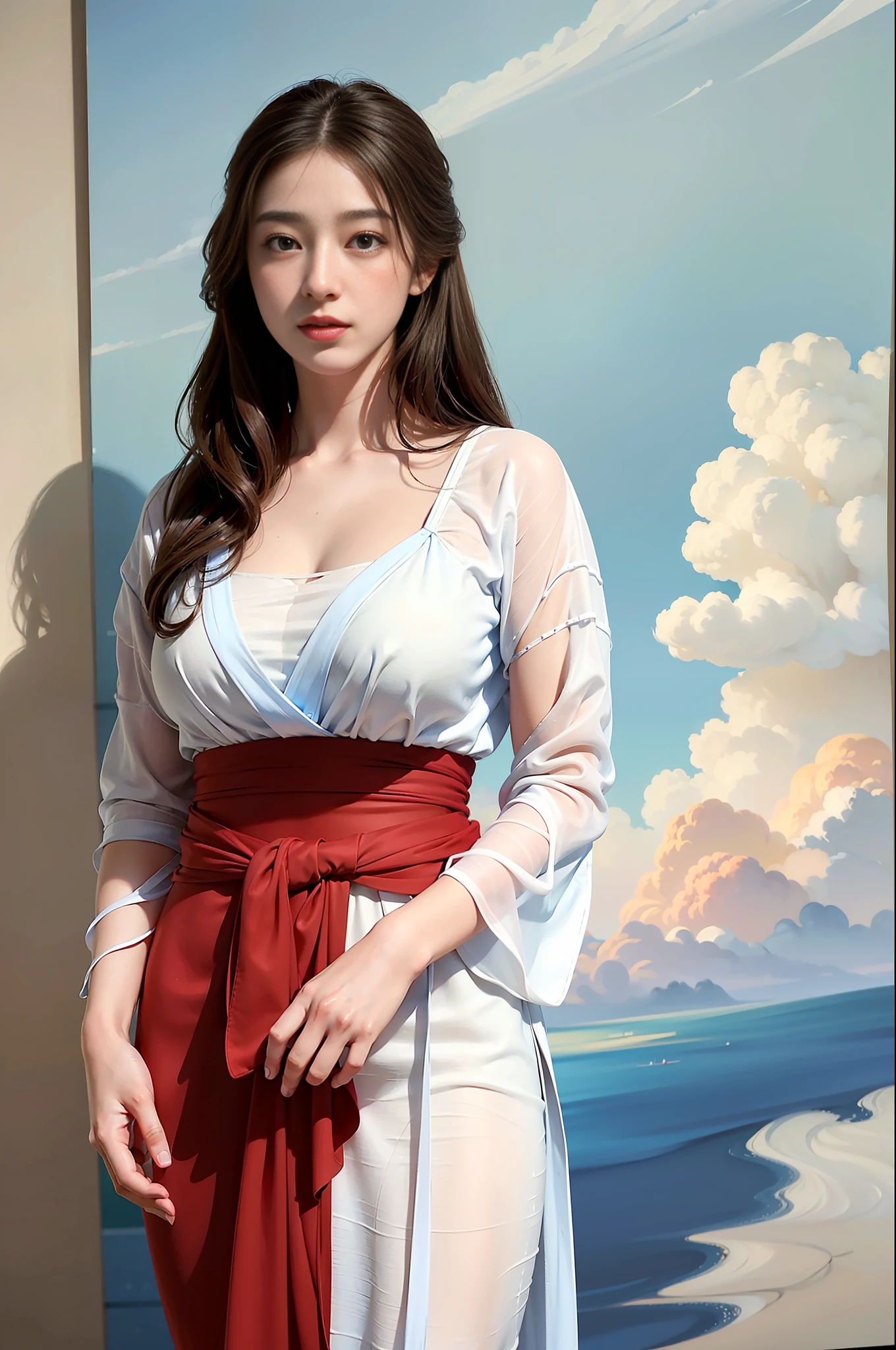 ((realistic)), (detailed), ((very wide shot)), the painting shows a woman standing behind the clouds, Wearing a long red dress, love and romance, uemura shoen, (light white and light blue:1.1), flowing draperies, (photorealistic:1.4), vanishing point, (best quality:1.4), ((masterpiece)), textured skin, high details, anatomically correct