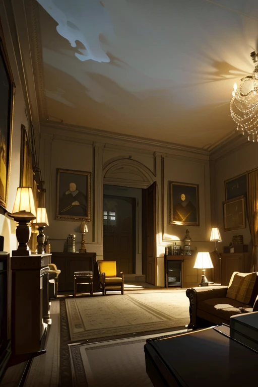 Description of the theatrical scene My hometown Theatrical perspective Mowaja (interior night): large windows, inside the house, reception room, fireplace, old books, old suitcase, some statues, paintings and everything that brings peace and tranquility, high quality, hyper reality, smoke, gray and yellow colors