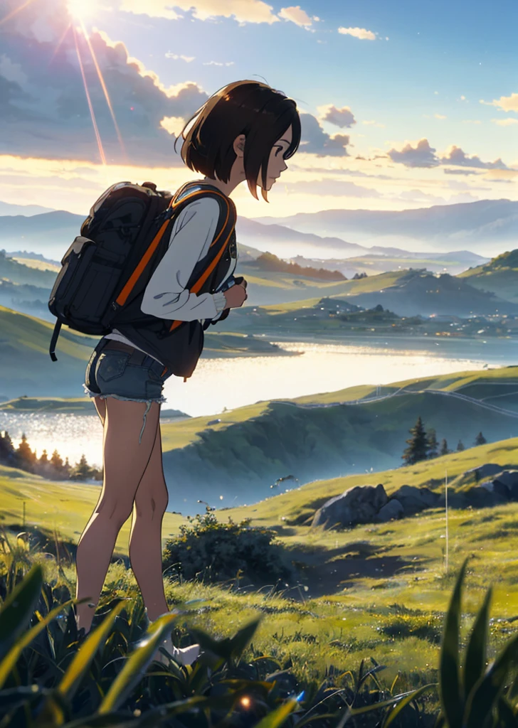 (beautiful and magnificent skyline, majestic sky), (extremely tense and dramatic pictures, moving visual effects), (high hanging Polaris, colorful natural light), (1girl), (long-sleeved top, denim shorts, carrying a backpack), (dynamic pose:1.3, black eyes, black hime-cut hair, sparkling girl)[:0.8], (large grassland), (oncoming breeze), (brown hair and background Coordination effect: 1.2), (close shot, long shot mix and match)[::0.9]