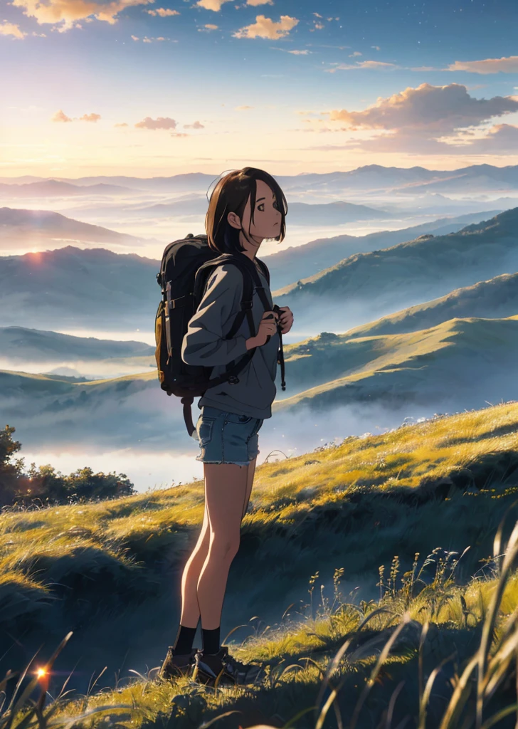 (beautiful and magnificent skyline, majestic sky), (extremely tense and dramatic pictures, moving visual effects), (high hanging Polaris, colorful natural light), (1girl), (long-sleeved top, denim shorts, carrying a backpack), (dynamic pose:1.3, black eyes, black hime-cut hair, sparkling girl)[:0.8], (large grassland), (oncoming breeze), (brown hair and background Coordination effect: 1.2), (close shot, long shot mix and match)[::0.9]