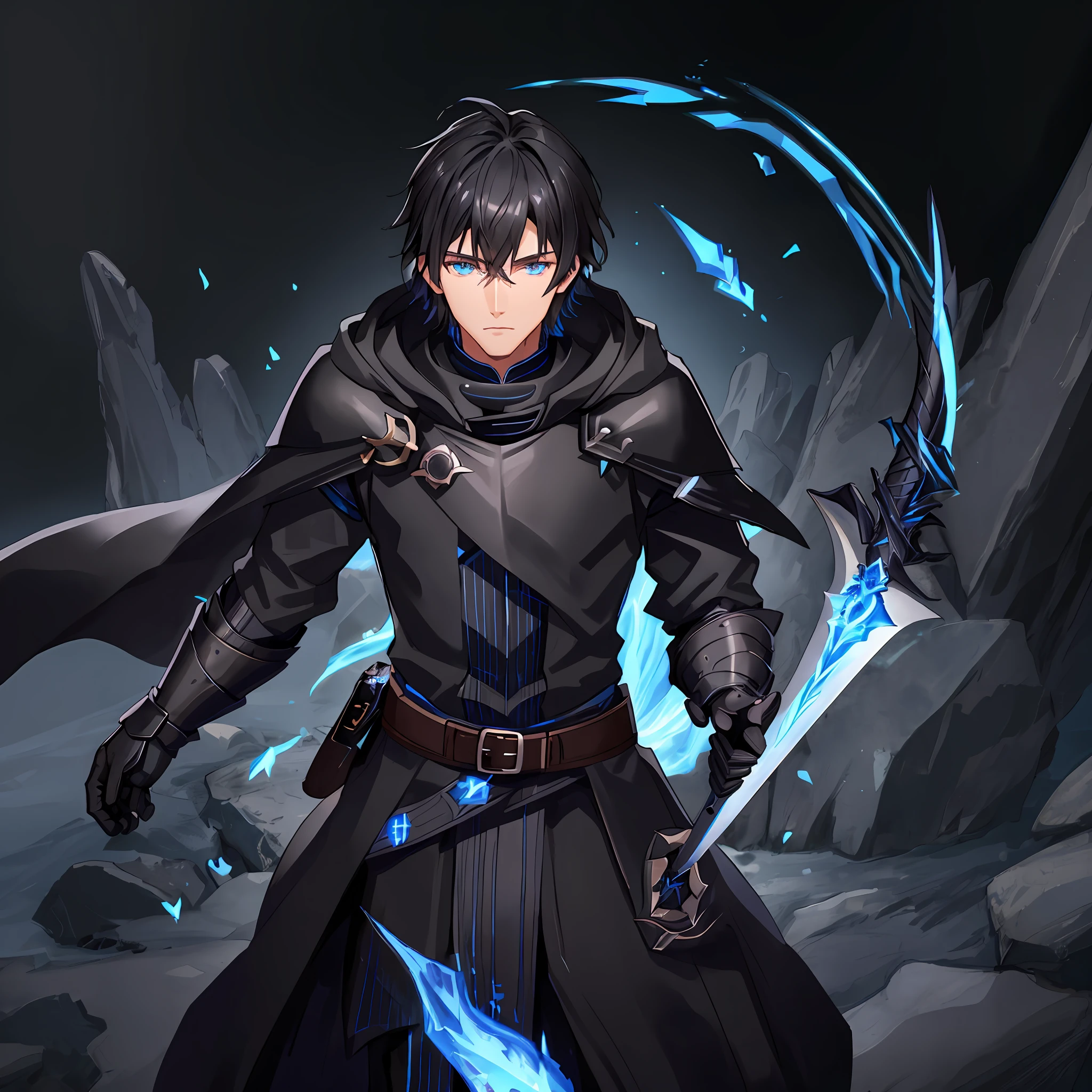 male, black armor, coat, fantasy, western sword, blue eyes, black hair, mage knight, hooded, short hair, solo, adult