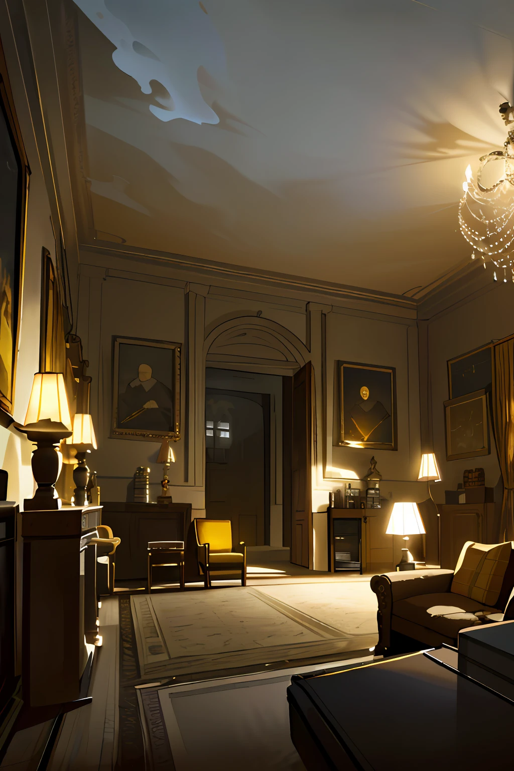 Description of the theatrical scene My hometown Theatrical perspective Mowaja (interior night): large windows, inside the house, reception room, fireplace, old books, old suitcase, some statues, paintings and everything that brings peace and tranquility, high quality, hyper reality, smoke, gray and yellow colors